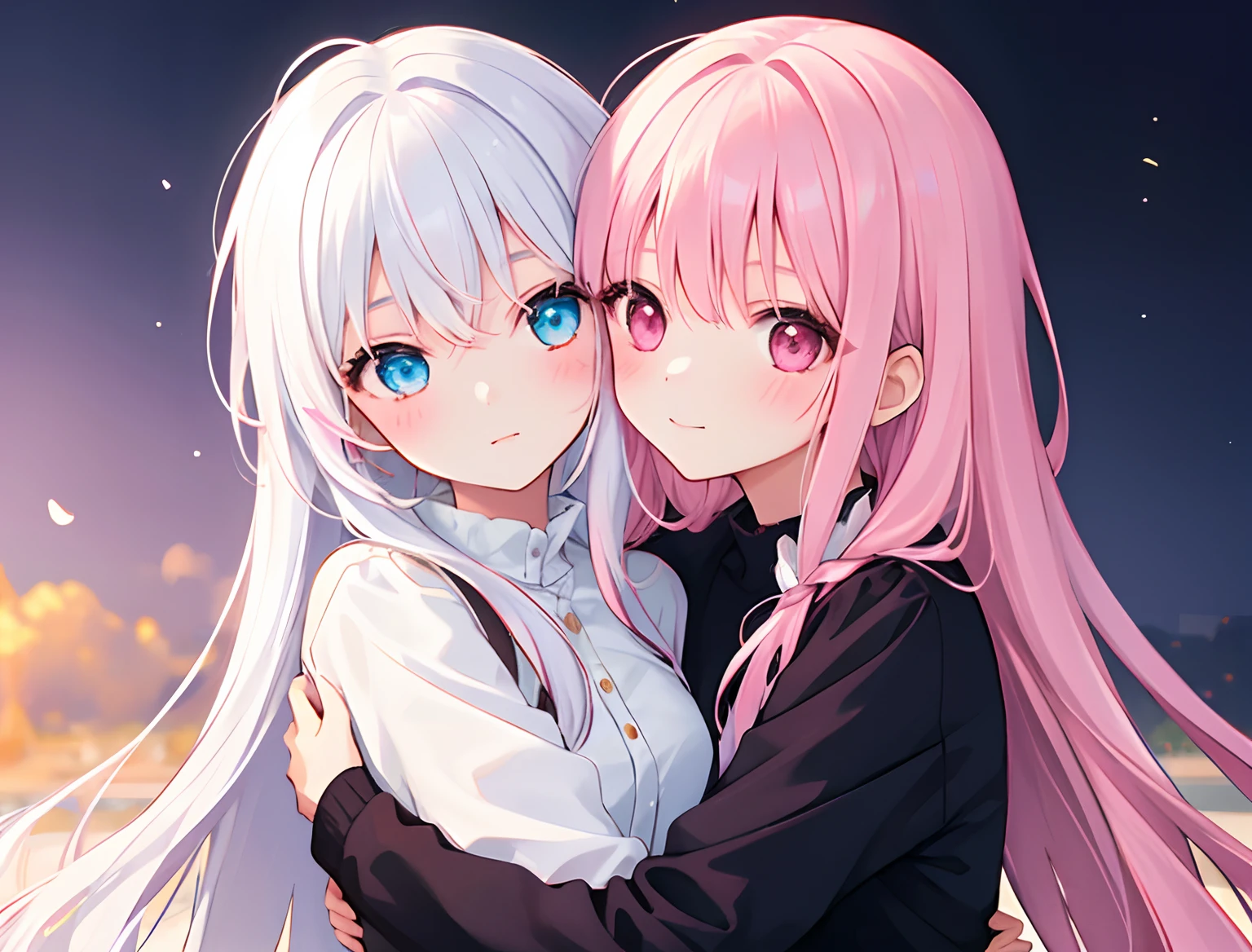 2girls，Girl1：，adolable，Pink hair，long whitr hair，girl 2：white color hair，long whitr hair，hugs