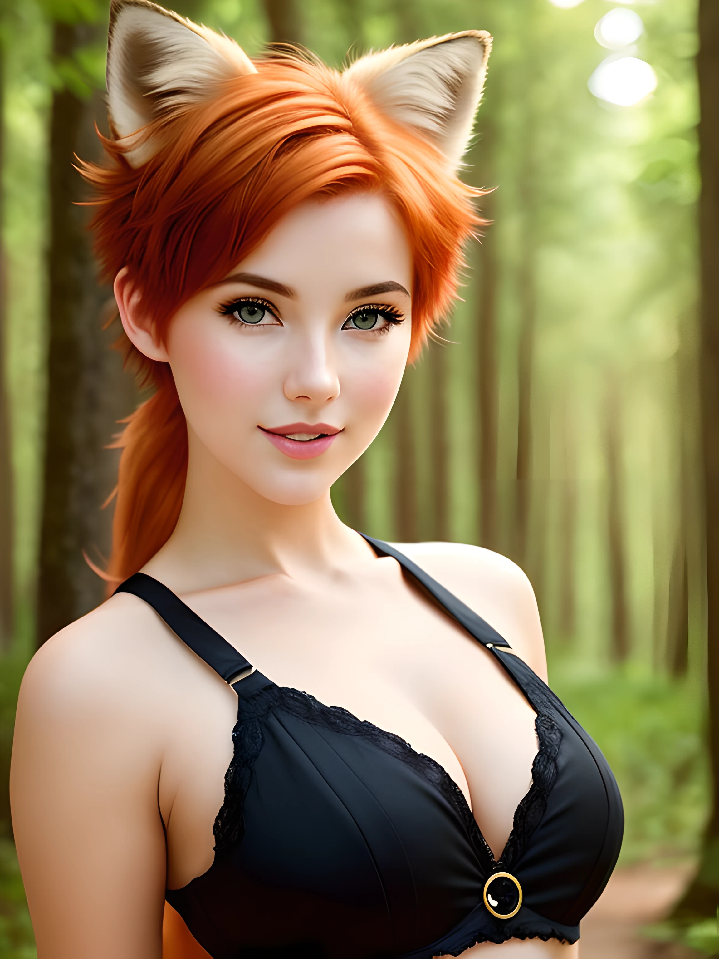 a closeup portrait of a playful foxie woman, undercut hair, amazing body, pronounced feminine feature, forest, ginger hair, flirting with camera