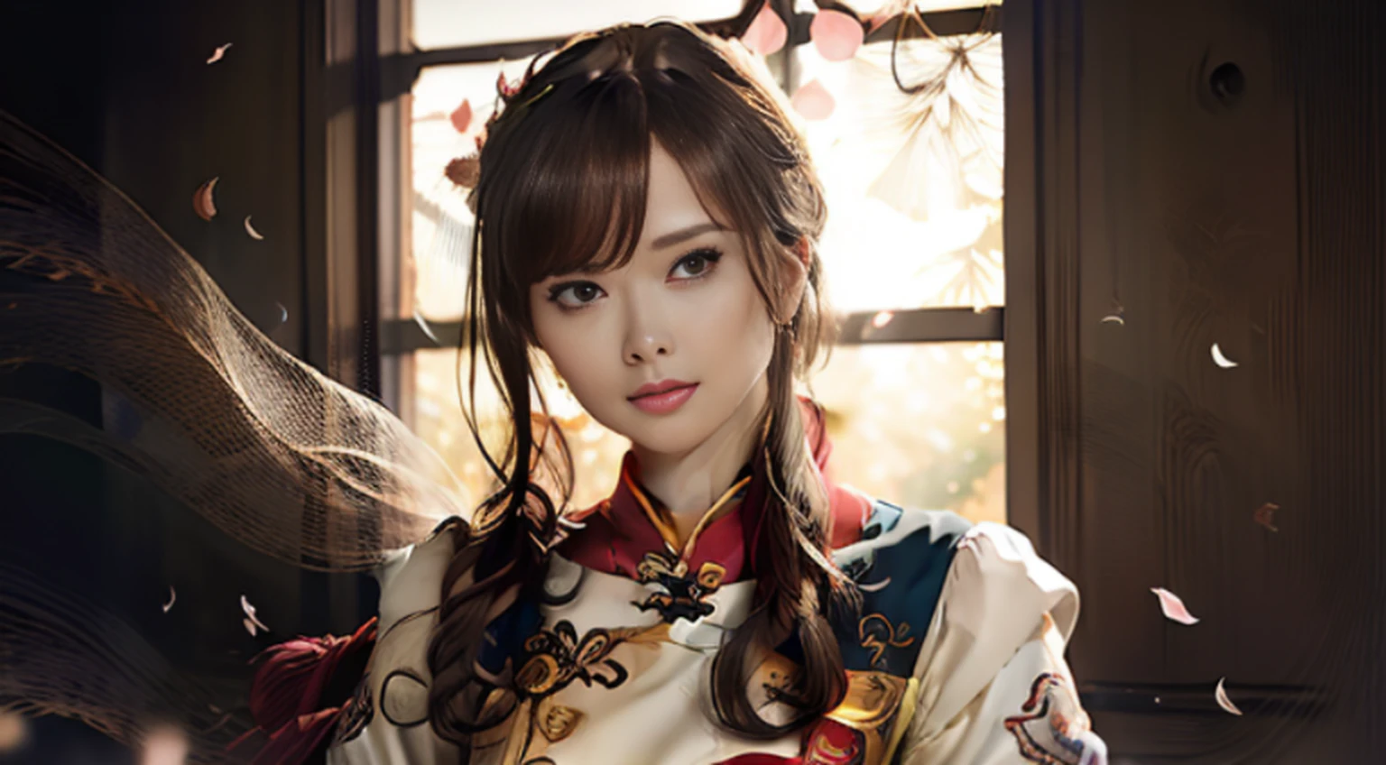melhor qualidade, obra-prima, highres, (corpo requintado: 1.5), rosto lindo, (pele leitosa: 1.3), detalhes intrincados, alta resolução, papel de parede, 1menina, solo, vestido, ornamento de cabelo, (((vestido dourado e vermelho))), flores, cabelo longo, cabelo castanho, boca fechada, joias, mangas longas, hand up, mangas largas, olhos grandes, cabelo flutuante, roupas chinesas, hanfu, bordado, saia longa, pose natural, de corpo inteiro, standingn, petals falling, interior, fanning, lanterna, 16K, HDR, highres, campo de profundidade, (grain of film: 1.1), boken, hora dourada, (lens flare), vinheta, rainbowart, (color classification: 1.5)