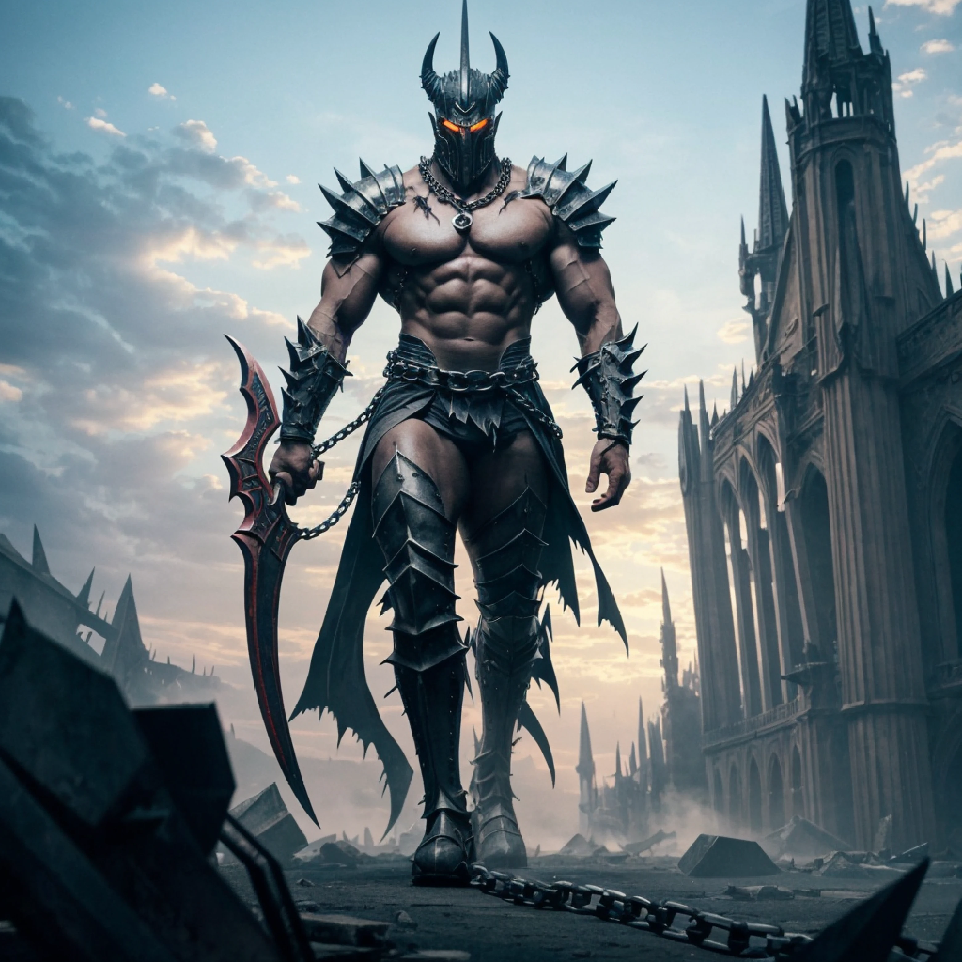 full body dynamic angle picture of Evil Giant walking he is Very tall with Huge muscles without shirt (on his shoulders extremely long spikes armor) low body armor with (torn red pants ) his skin is extremely pale , steel spiked helmet , his body is full of scares from battles ,( His weapon is long chain ), chains on his body , a lot of chains on his body and legs , detailed steel on photo , Best quality, Fantasy evil creature , scary , Masterpiece ,4k , Realistic, Best quality, Highest resolution, Huge image size , Ultra detailed
