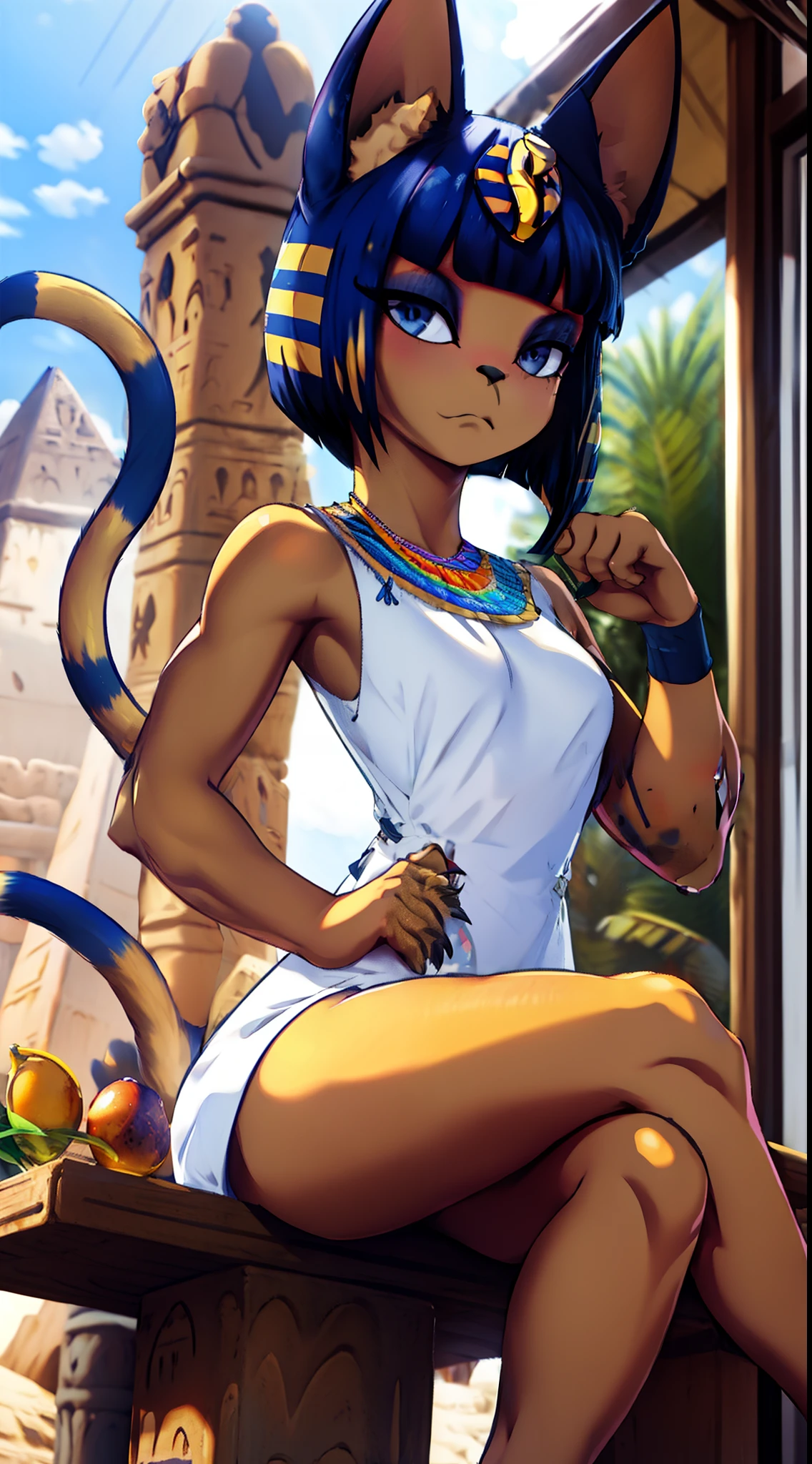 masterpiece, best quality, ultra-detailed, illustration, epic lighting, cinematic composition, 1girl, catgirl, ankha (animal crossing), yellow skin, cat tail, cat ears, short blue hair, bangs, white dress, sitting, (from below:1.1), cowboy shot, expressionless, (looking at viewer:1.1), outdoors, desert, sand, oasis, palm trees, river, pyramid, (8k:1.1)