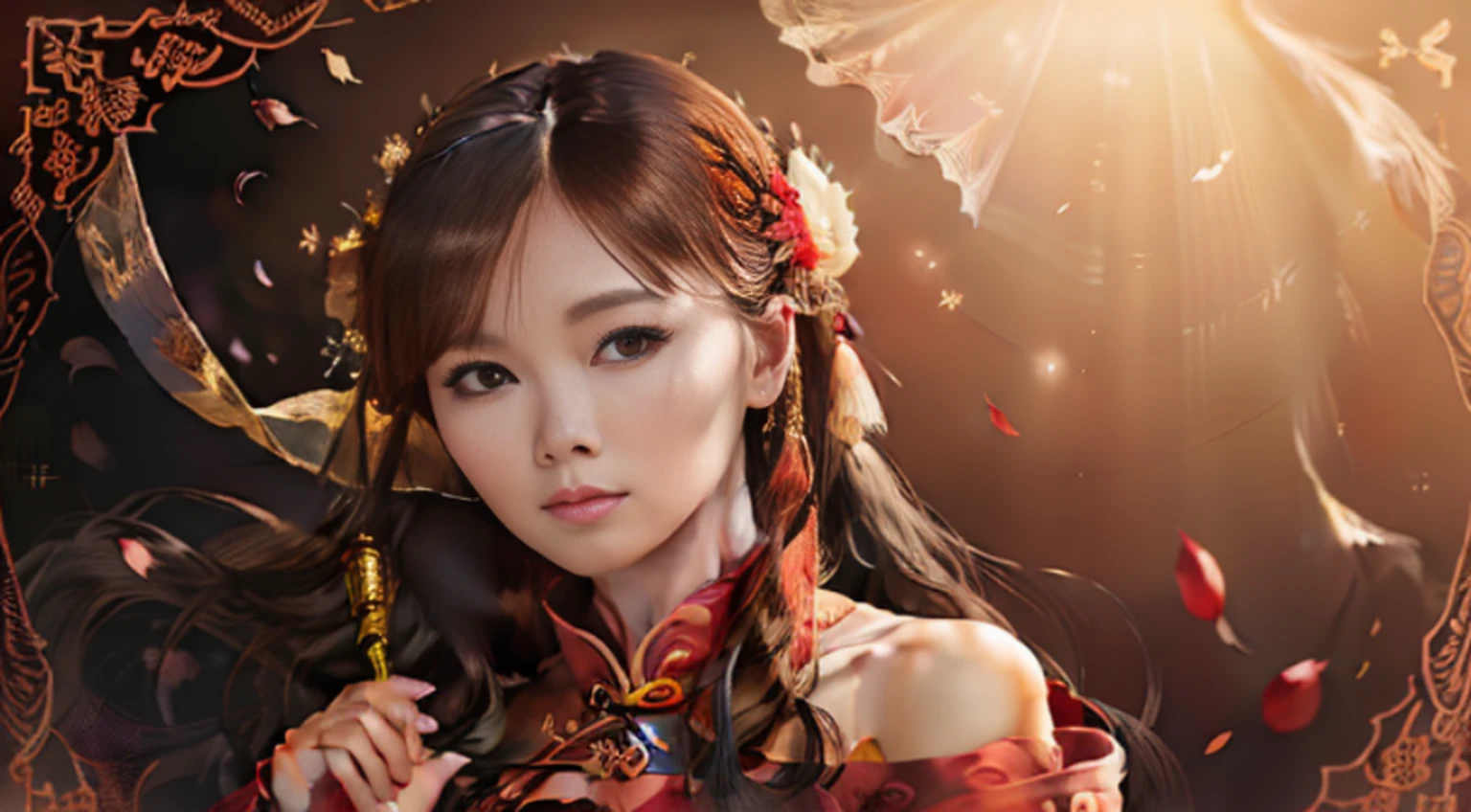 best quality, masterpiece, highres, (exquisite body: 1.5), beautiful face, (milky skin: 1.3), intricate details, high resolution, wallpaper, 1girl, solo, dress, hair ornament, ((((golden and red dress))), flowers, long hair, brown hair, closed mouth, jewelry, long sleeves, hand up, wide sleeves, big eyes, floating hair, chinese clothes, hanfu, embroidery, long skirt, natural pose, falling petals, interior, fanning, flashlight, 16K, HDR, highres, depth field, (film grain: 1.1), boken, golden hour, (lens flare), vignette, rainbow, (color rating: 1.5)