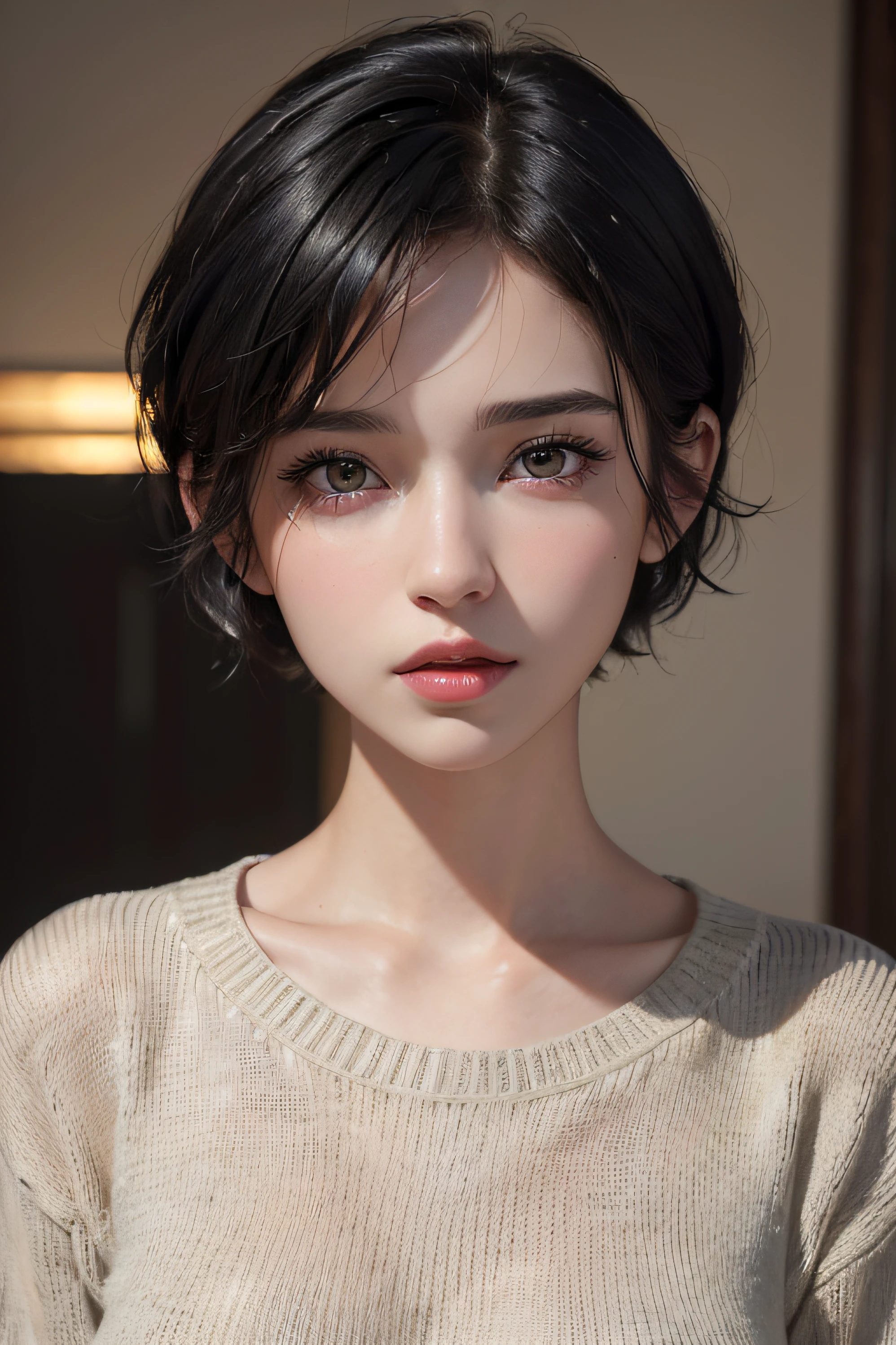 (masterpiece:1.3), (8k, photorealistic, RAW photo, best quality: 1.4), (1girl), beautiful face, (realistic face), (black hair, short hair:1.3), beautiful hairstyle, realistic eyes, beautiful detailed eyes, (realistic skin), beautiful skin, (sweater), absurdres, attractive, ultra high res, ultra realistic, highly detailed, golden ratio