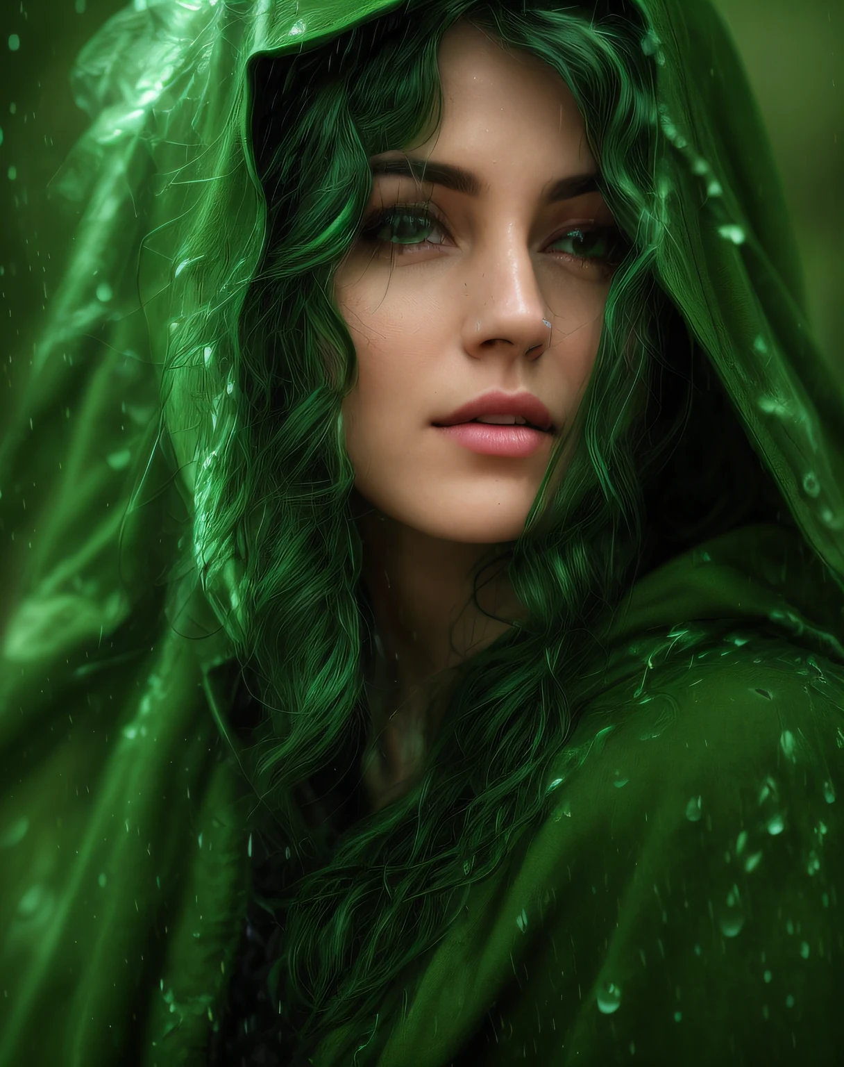arafed woman in a green cloak and raindrops in the rain, beautiful portrait photo, 8k artistic portrait photography, beautiful portrait image, photo of a beautiful woman, photography portrait 4 k, cinematic portrait, expressive beautiful portrait, dramatic cinematic portrait, soft portrait shot 8 k, close - up portrait shot, closeup portrait shot, close up portrait shot, beautiful portrait