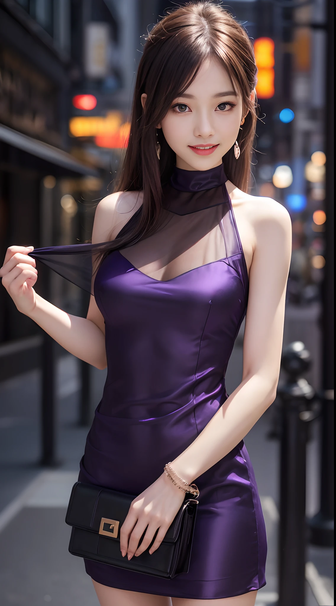 8k, masterpiece, RAW photo, best quality, photorealistic, extremely detailed CG unity 8k wallpaper, Depth of field, Cinematic Light, Lens Flare, Ray tracing, (extremely beautiful face, beautiful lips, beautiful eyes), intricate detail face, ((ultra detailed skin)) 1girl, in the dark, deep shadow, pretty korean girl, kpop idol, 1 girl, (very slim slender fit-muscled body:1.3), ((looking at viewer)),(big smile:1.3), (tight mini dress), (sleeveless) , (fashion city night, dark night, (neon sign), (blurred background), fashion street night),(without people in the background:1.3), beautiful earrings, bracelets, necklace, pantyhose, clear eyes, walking , front shot, (pale skin), (big eyes), face forward, (full body shot), ((silk purple, black color dress:1.3)),(brown hairs), (see through), (looking at viewer:1.3) open breast, very slim, medium breasts, hermes bag