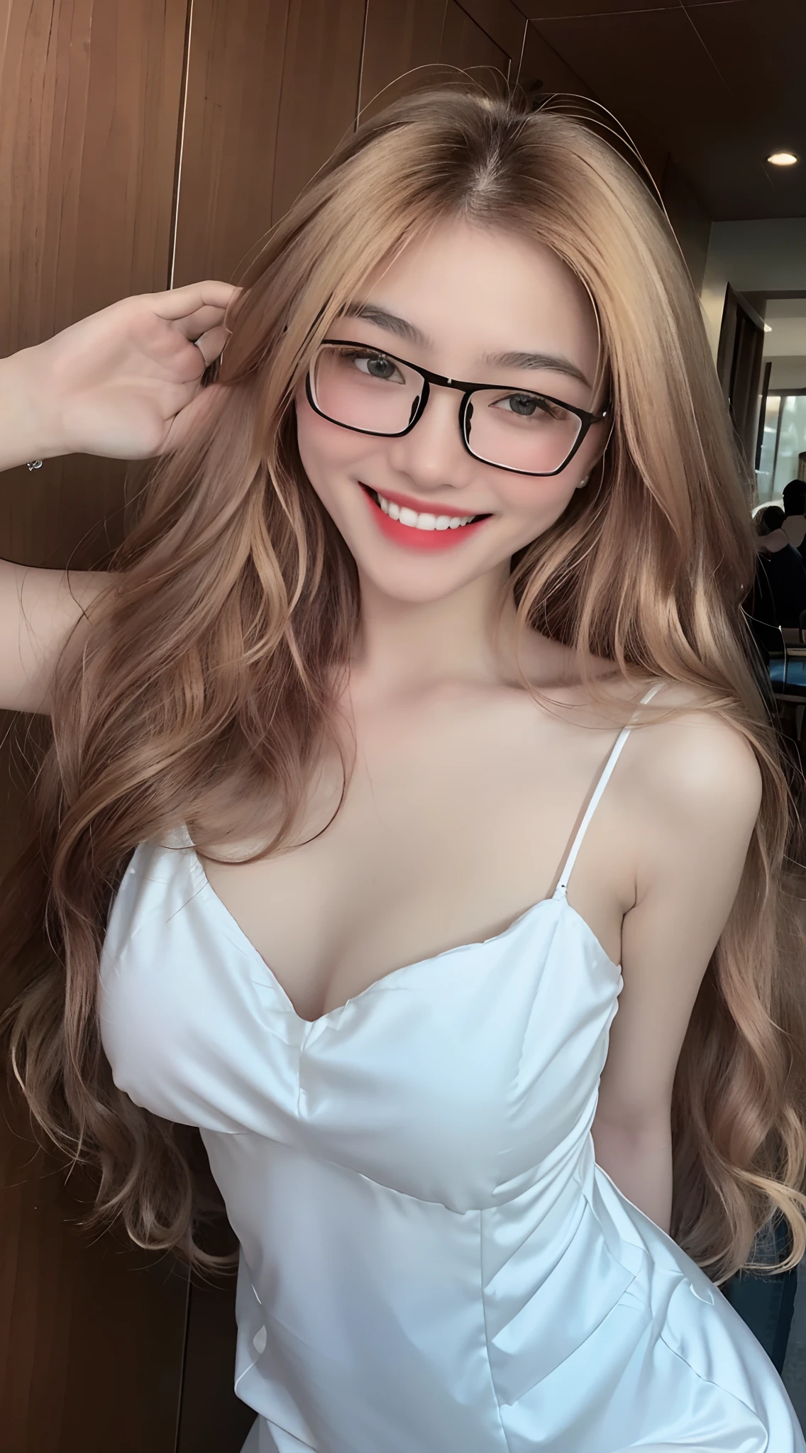 1 girl, glasses girl, ((Best Quality, 8K, Masterpiece:1.3)), Focus: 1.2, Perfect Body Beauty: 1.4, Buttocks: 1.2, (((Gigantic Breasts: 1.4))), (Gigantic hip: 1.8),(white dress), Highly Detailed Face, perfect smile, Double Eyelids, White Skin, (((Long blonde Hair))), (Shut Up: 1.3), Smile,grin smiling, big smile,show teeth,(upper body focus:1.2),