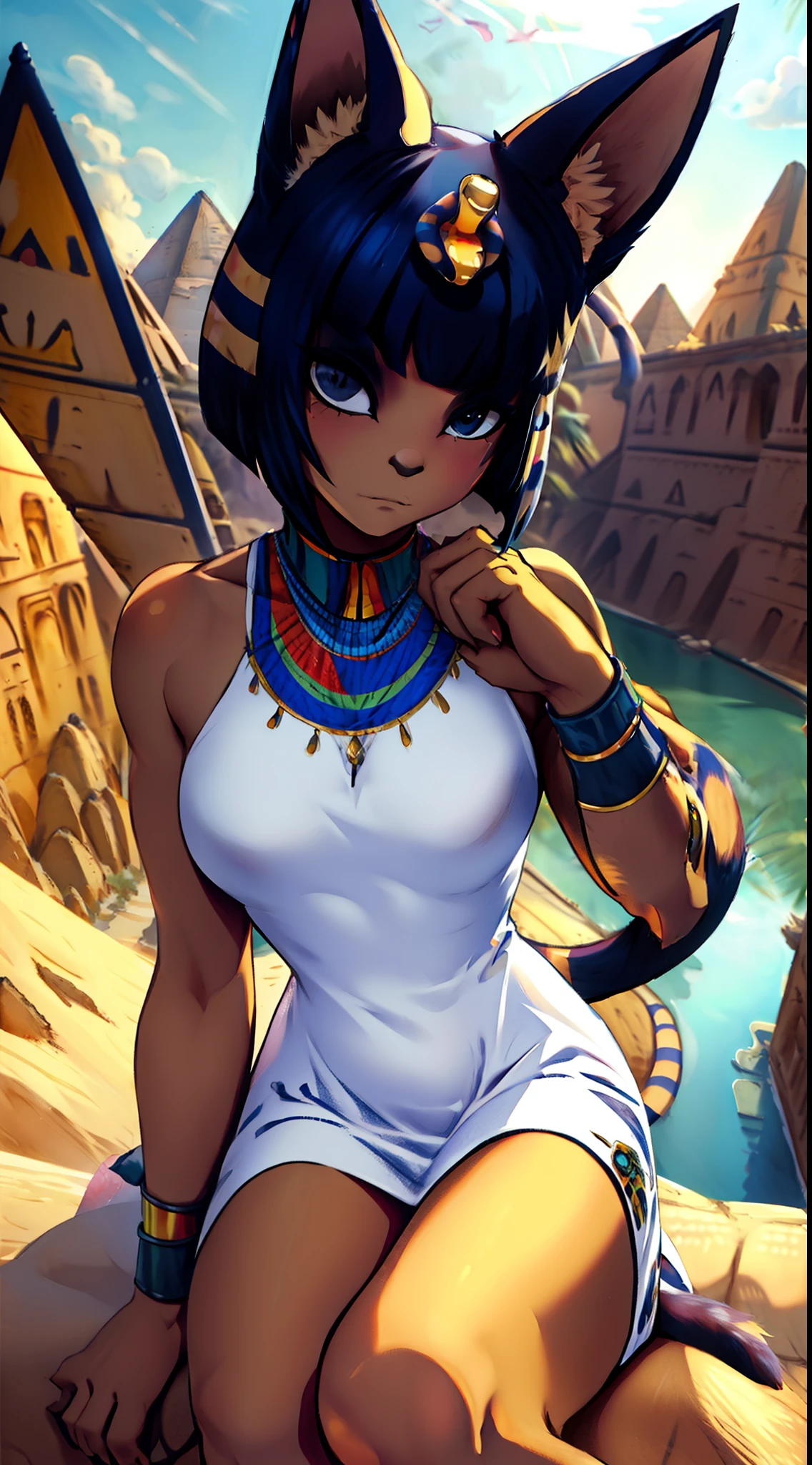 masterpiece, best quality, ultra-detailed, illustration, epic lighting, cinematic composition, 1girl, catgirl, ankha (animal crossing), yellow skin, cat tail, cat ears, short blue hair, bangs, white dress, sitting, (from below:1.1), cowboy shot, expressionless, (looking at viewer:1.1), outdoors, desert, sand, oasis, palm trees, river, pyramid, (8k:1.1)