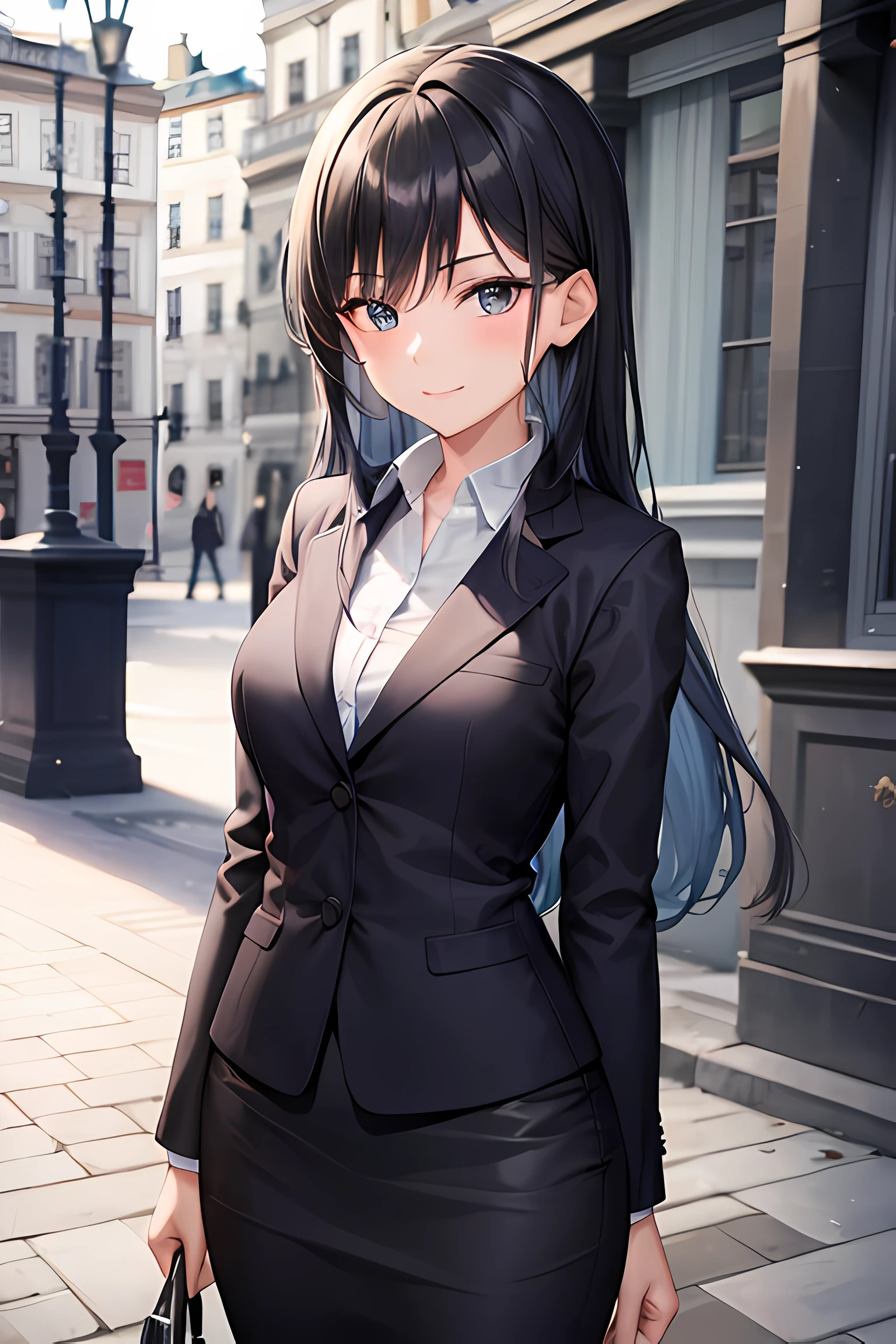 1girl, suit, europe, sweden, stockholm, office lady, black skirt, black blazer, pencil skirt, long hair, blue hair, light blue eyes, short smile, teenager,