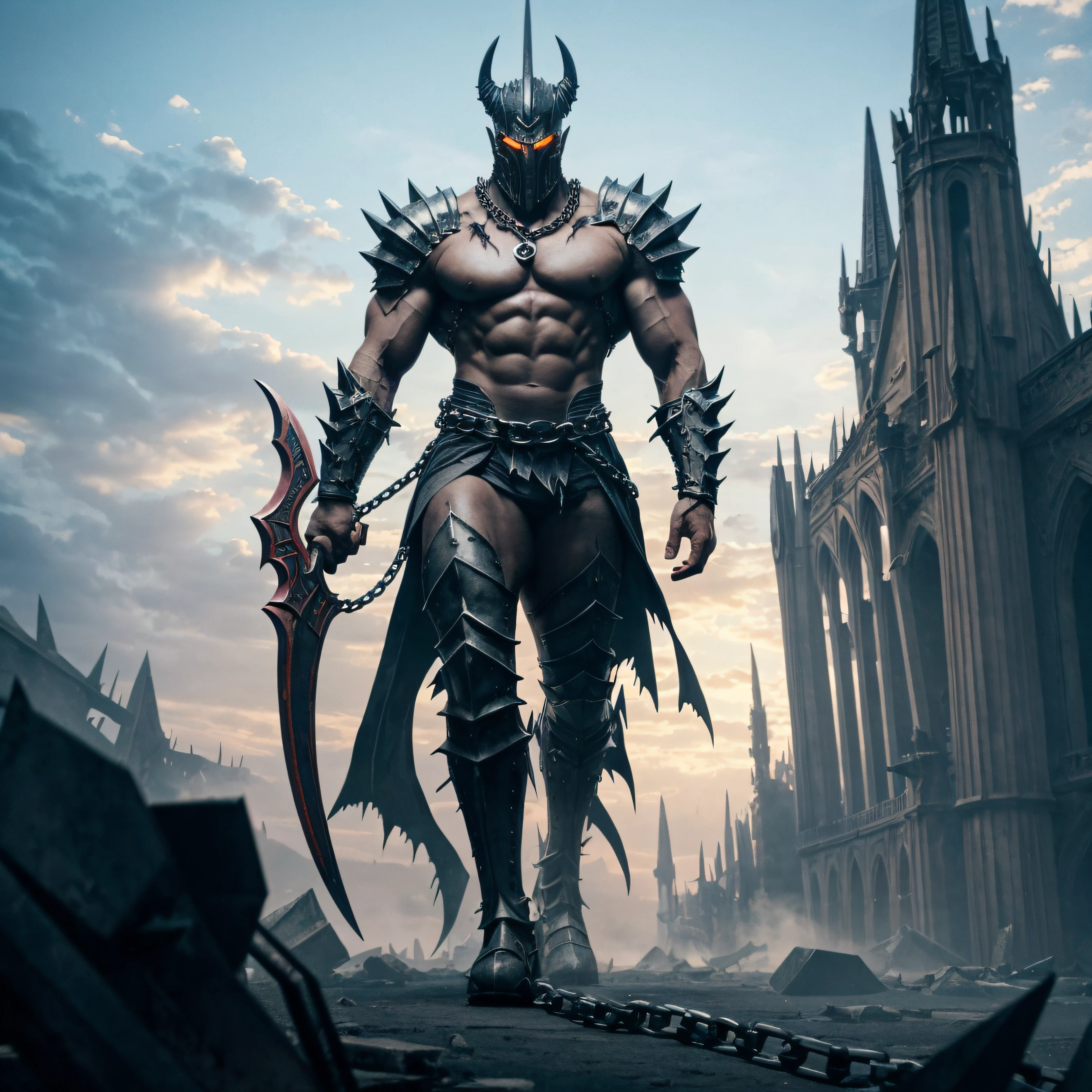 full body dynamic angle  picture of Evil Giant walking he is   Very tall with Huge muscles   without shirt  (on his shoulders extremely long spikes armor)  low body armor with (torn red pants ) his skin is extremely pale ,  steel spiked helmet , his body is full of scares from battles ,( His weapon is long chain  ), chains on his body , a lot of chains on his body and legs , detailed steel on photo , Best quality,   Fantasy evil creature , scary , Masterpiece ,4k , Realistic,  Best quality,  Highest resolution,  Huge image size , Ultra detailed