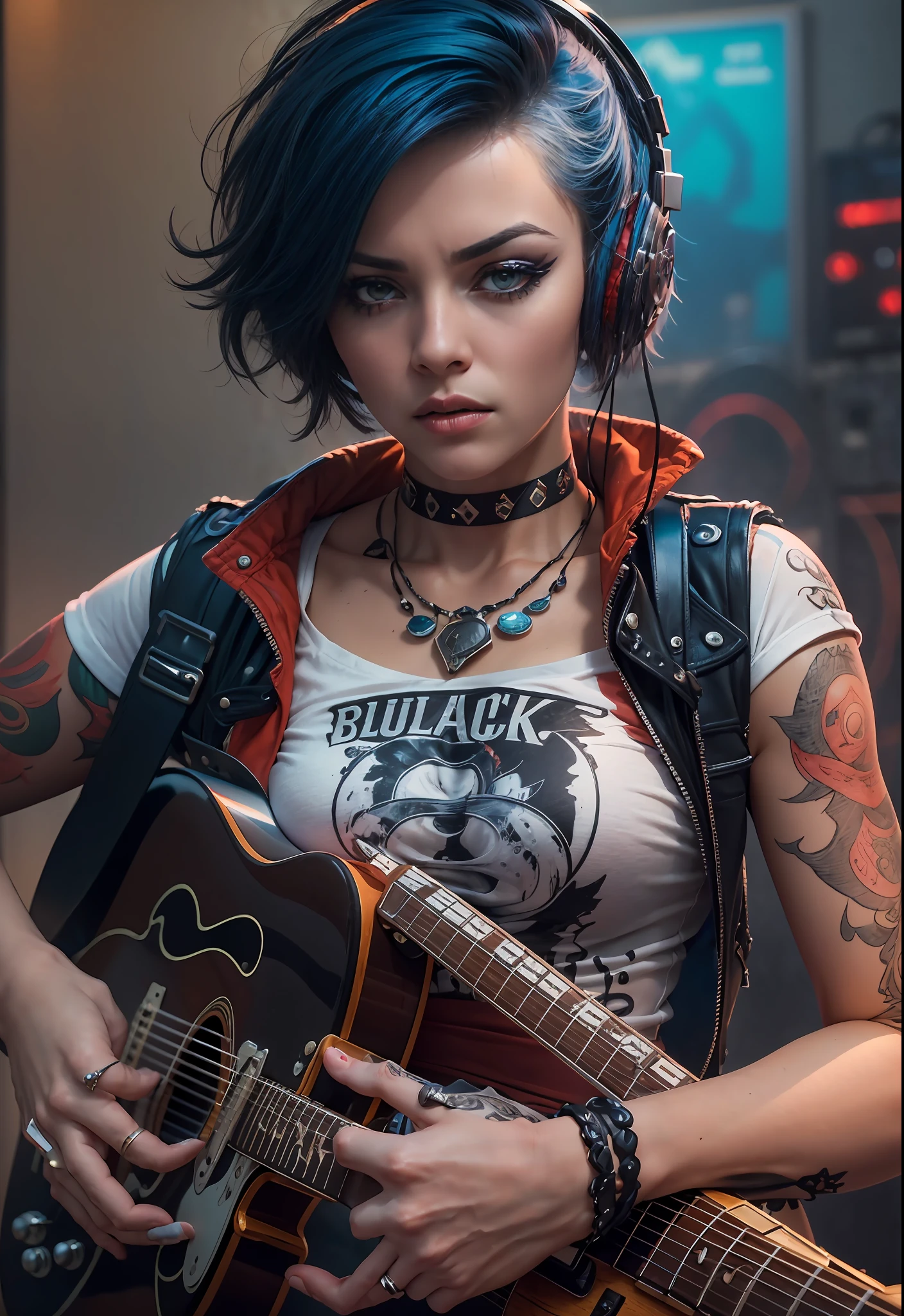 highres, shadows, absurdres, best_quality, ultra_detailed, 8k, extremely_clear, photograph, beautiful, sharp focus, hdr, full body shot
A sexy punk rock singer woman with blue short hair and symmetrical teary eyes holds a guitar and sings into headphones, (mature face:1.4), (black eyeliner:1.4), wearing a red punk skirt skirt, with a dynamic angle, captured in a high-detailed cowboy shot, exuding a melancholy emotion, featuring soothing tones and a contrasting mix of light and shadow, all while emphasizing the subject's hair, eyes, mouth, and action in a composition that is both pleasing to the eye and thought-provoking.