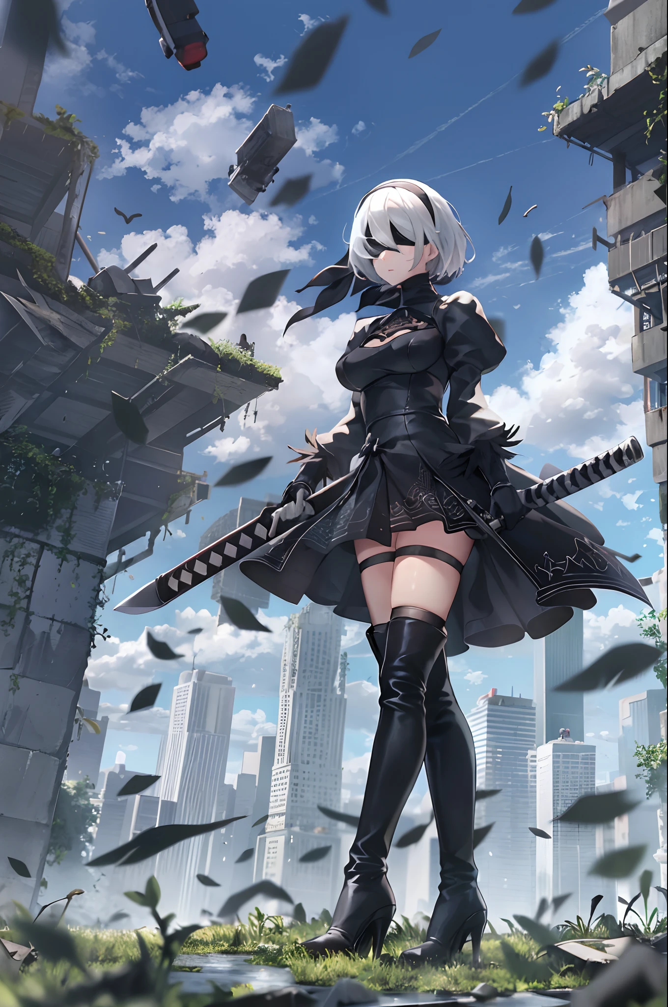 yorha no. 2 type b, 1girl, absurdres, black blindfold, black dress, black hairband, blindfold, blue sky, boots, building, city, cloud, covered eyes, debris, dress, feather-trimmed sleeves, feather trim, from below, gloves, grass, hairband, high heel boots, high heels, highres, juliet sleeves, katana, leather, leather boots, long sleeves, nier \(series\), nier automata, outdoors, overgrown, pod \(nier automata\), post-apocalypse, puddle, puffy sleeves, rubble, ruins, scenery, sky, thigh boots, thighhighs, thighhighs under boots, water