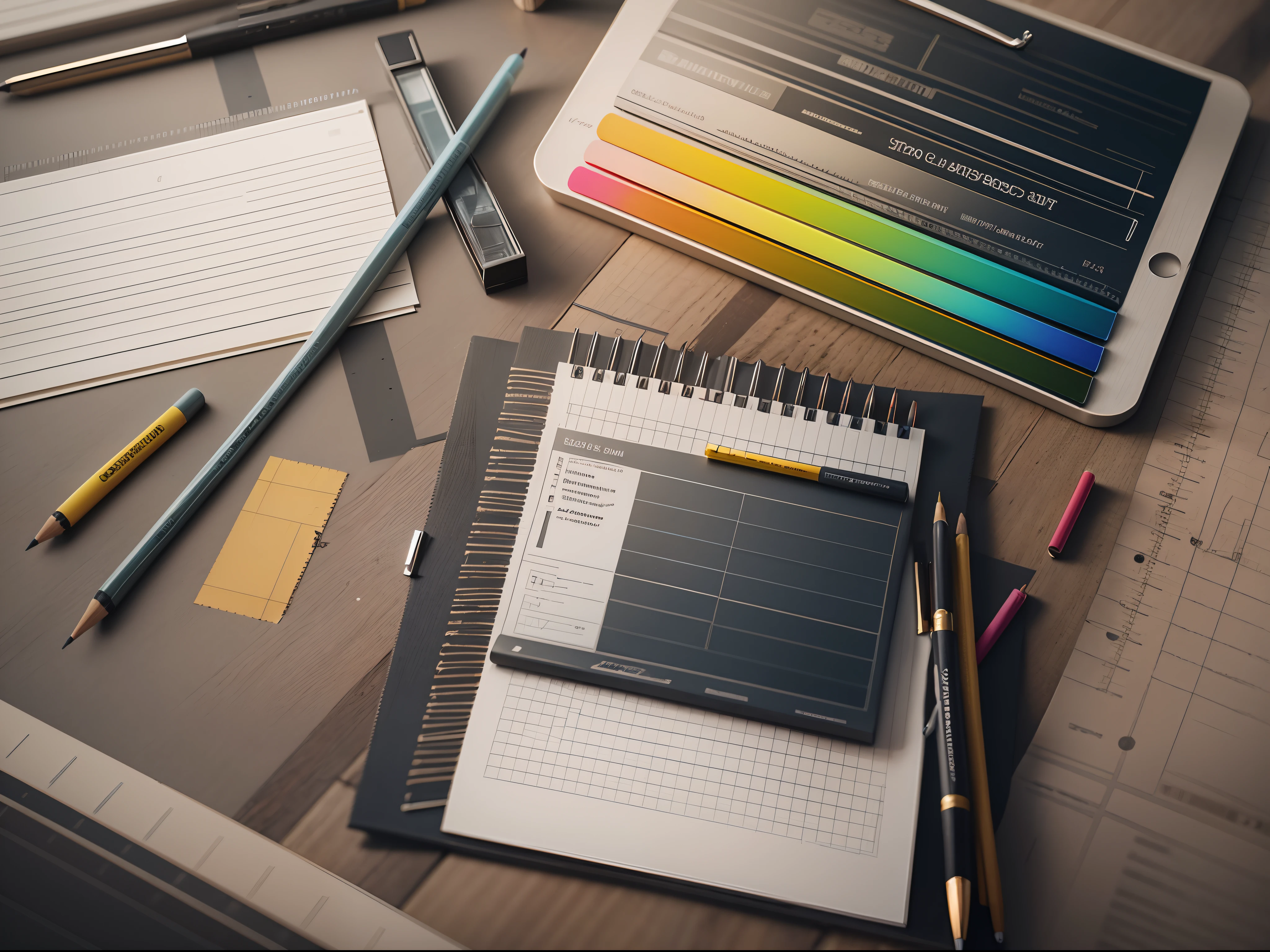 top view of various graphic designer items on a table, there is a ruler, square, razor, pencils, drawing sheets, pantone catalogue. Main colors: Black and Yellow. 3D render.