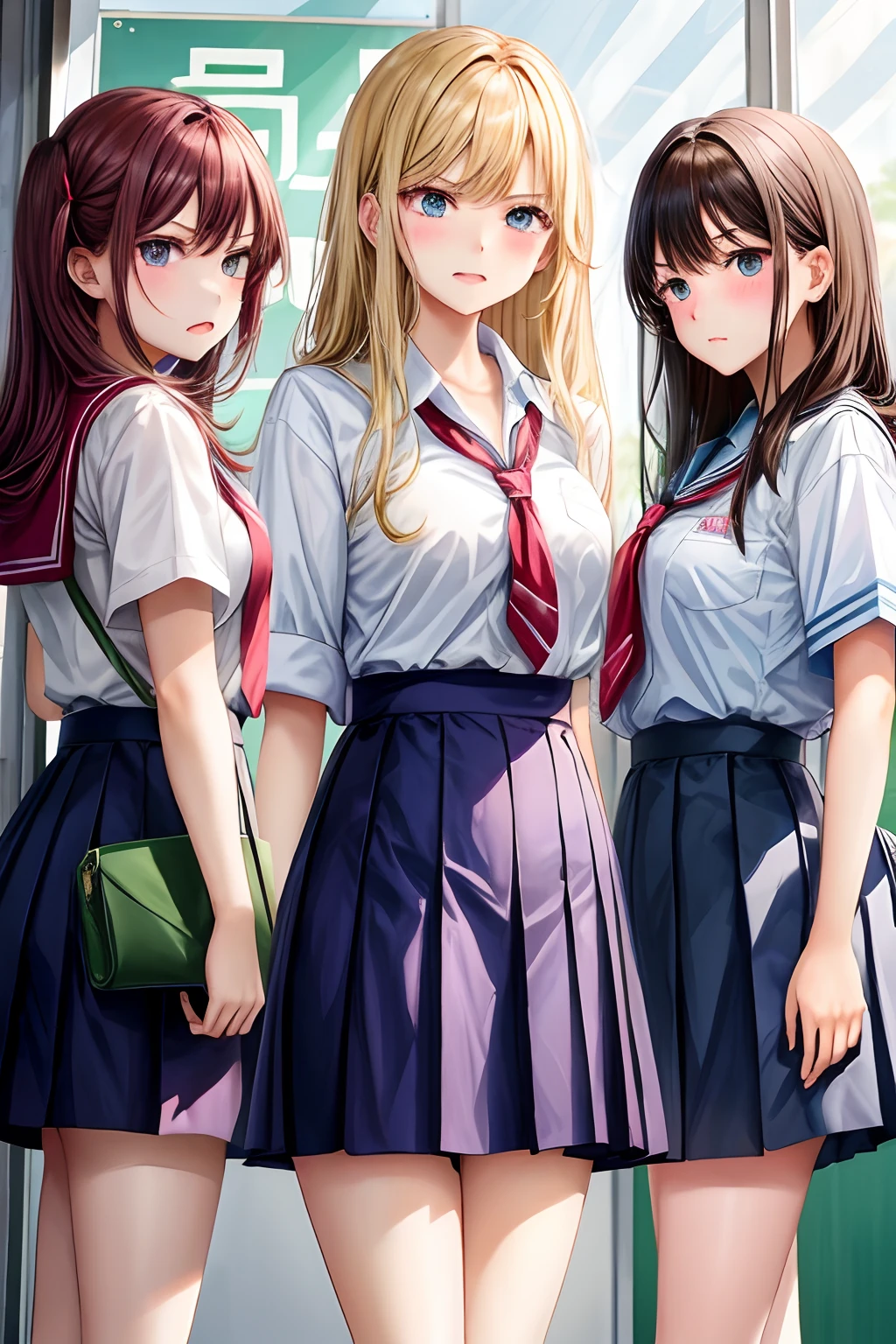 High School Girl and Female Teacher and Gal、Three Girls、Angry face
