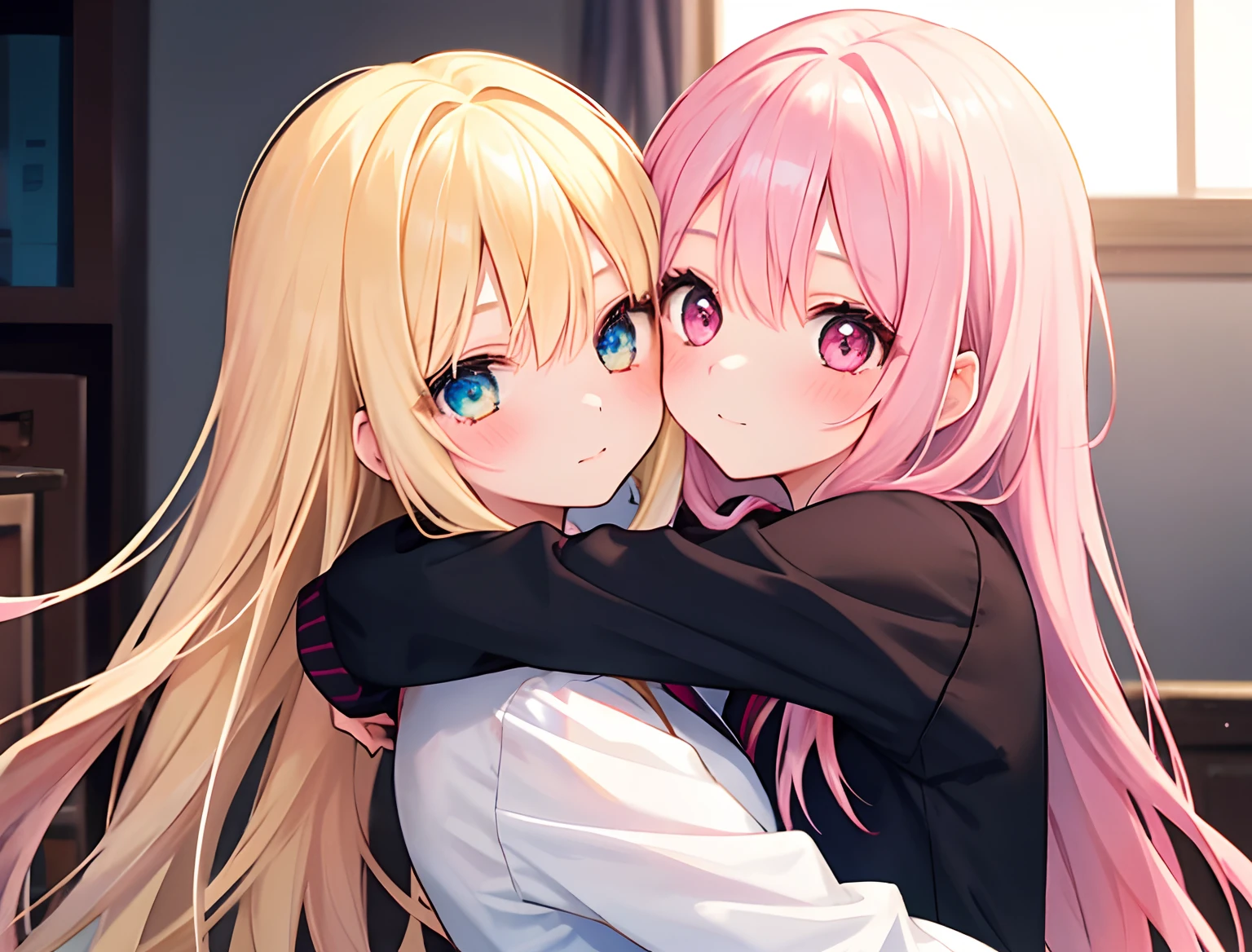 2girls，Girl1：，adolable，Blonde hair，long whitr hair，girl 2：A pink-haired，long whitr hair，hugs