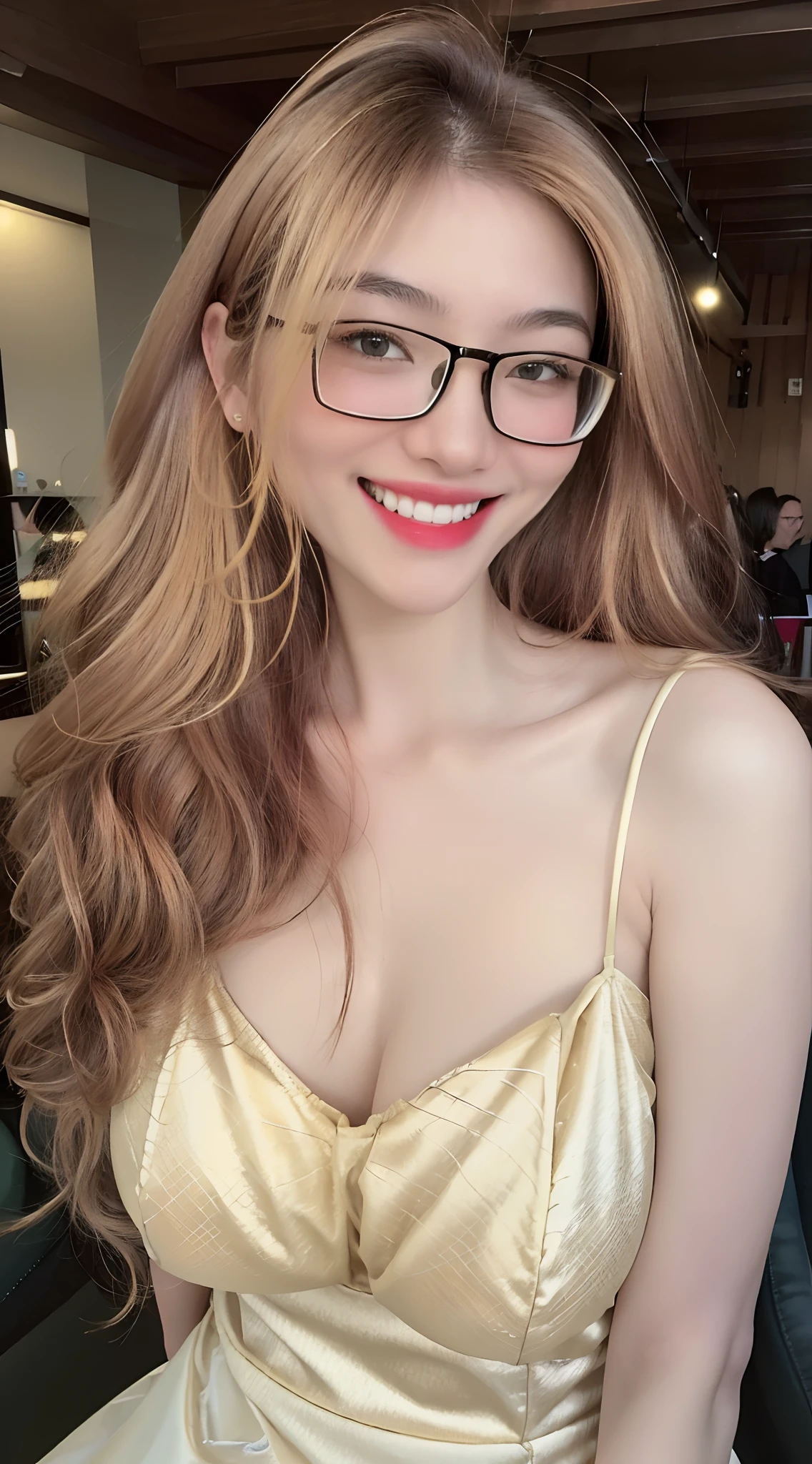 1 girl, glasses girl, ((Best Quality, 8K, Masterpiece:1.3)), Focus: 1.2, Perfect Body Beauty: 1.4, Buttocks: 1.2, (((Gigantic Breasts: 1.4))), (Gigantic hip: 1.8),(white dress), Highly Detailed Face, perfect smile, Double Eyelids, White Skin, (((Long yellow Hair))), (Shut Up: 1.3), Smile,grin smiling, big smile,show teeth,(upper body focus:1.2),