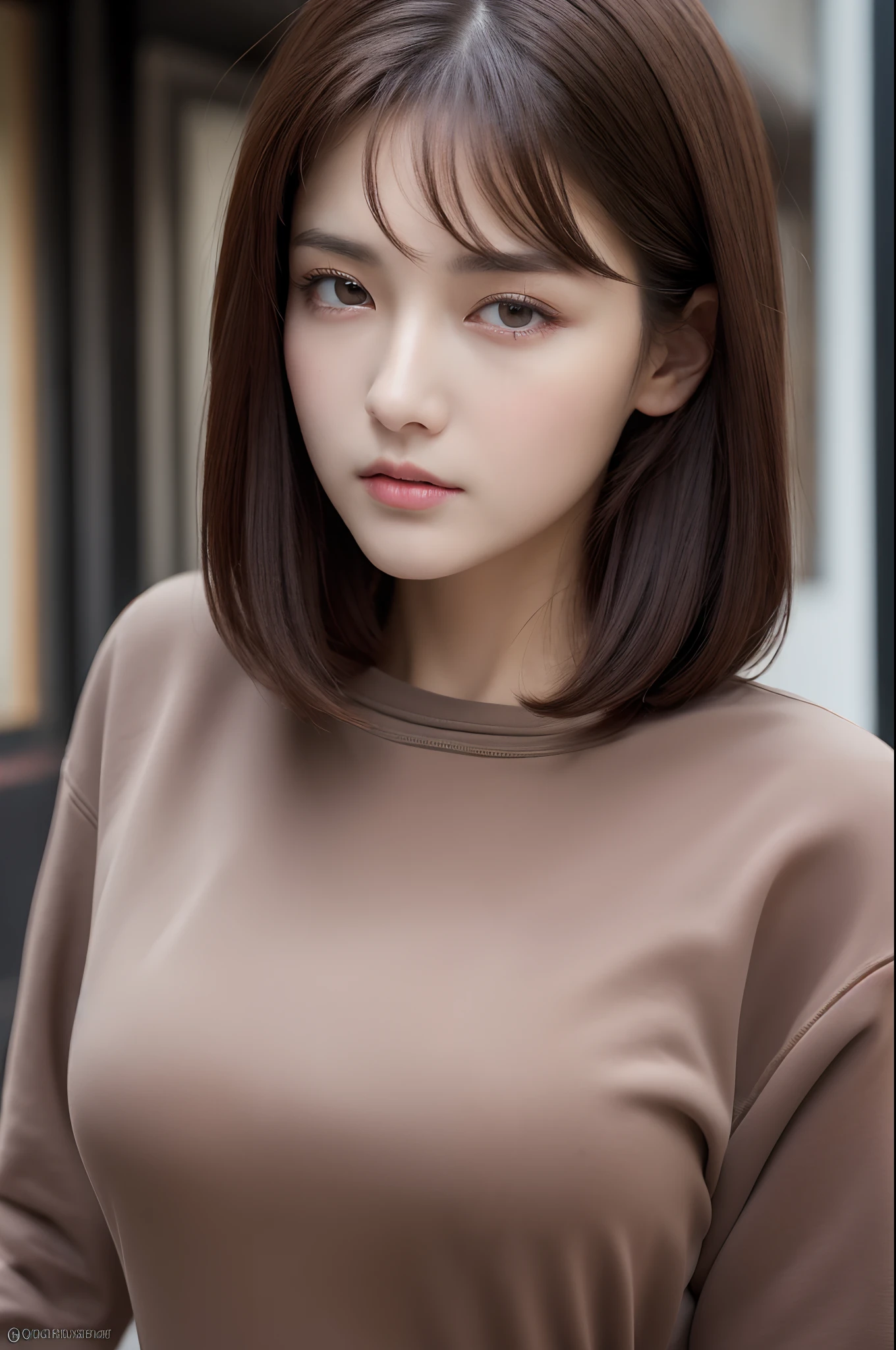 (Best quality, high resolution, masterpiece: 1.3), a beautiful woman, big breasts, slim figure, (short dark brown hair), sweatshirt, beautifully presented details in the street and facial and skin texture, detailed eyes, double eyelids, big eyes