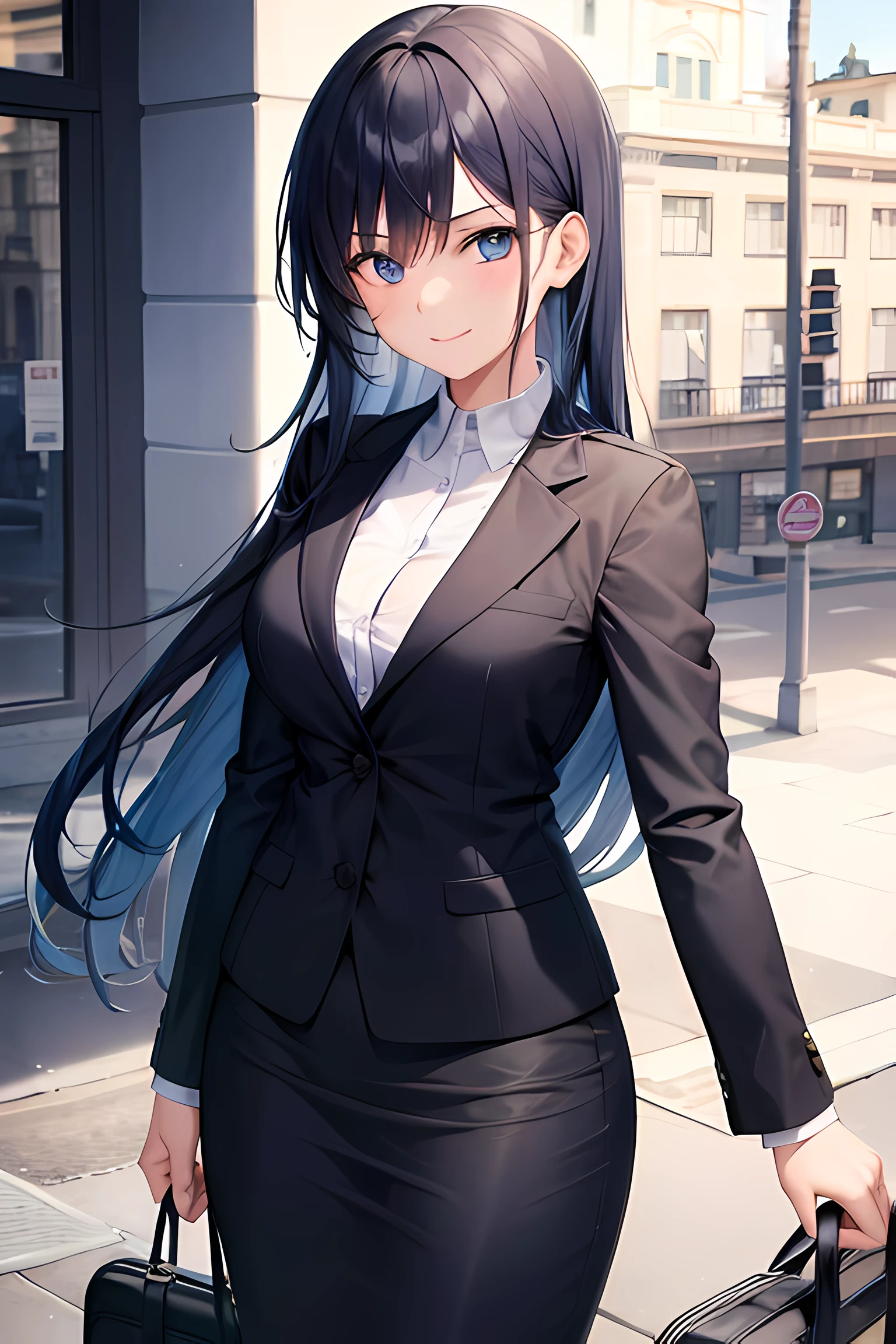 1girl, suit, europe, sweden, stockholm, office lady, black skirt, black blazer, pencil skirt, long hair, blue hair, light blue eyes, short smile, teenager,