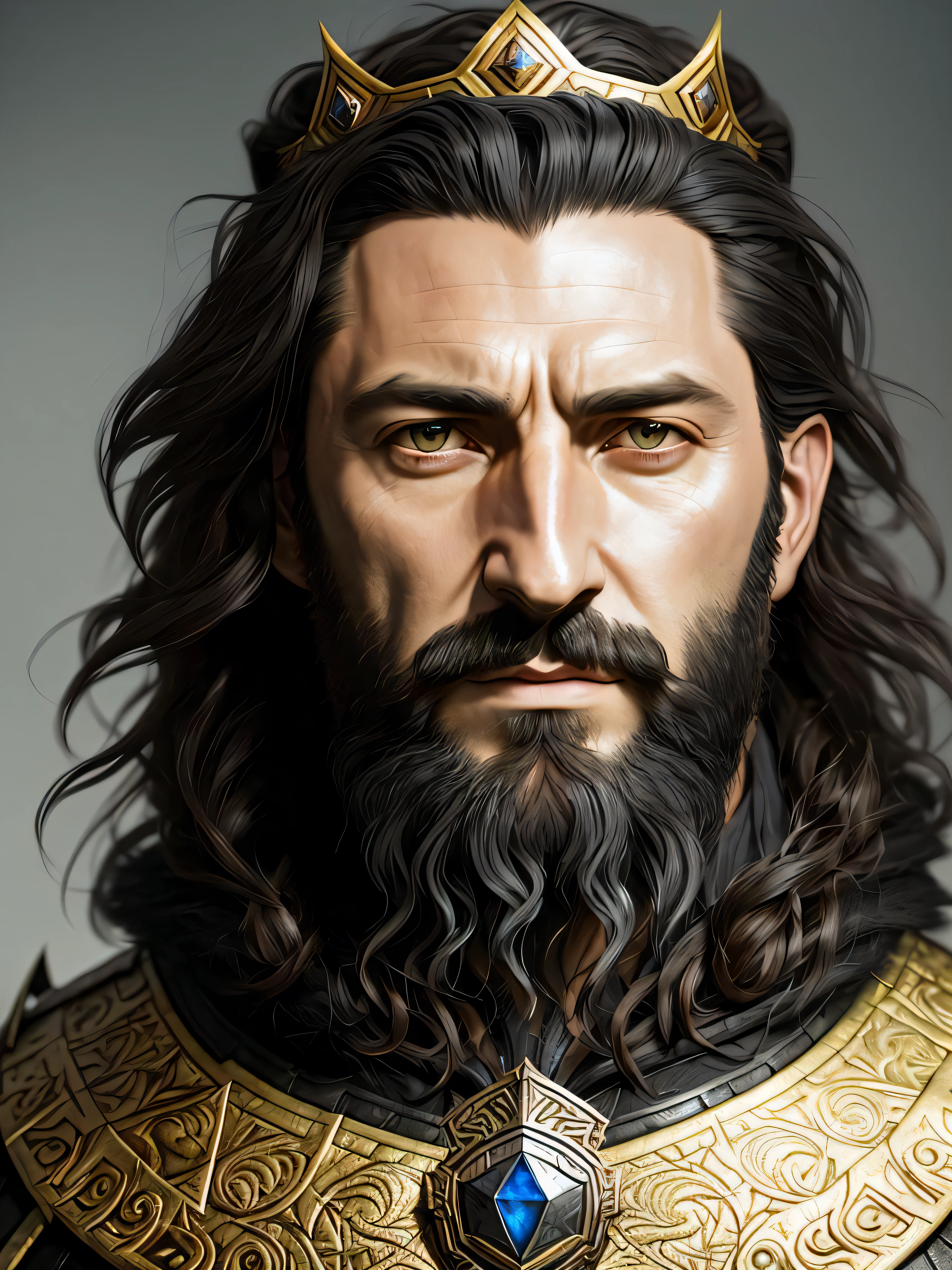 High detail RAW color art, animation, Richard Armitage as Thorin Oakenshield from LOTR,
(inside the mountain dwarven halls), ((Dwarf king)), ((((crown on head whit Arkenstone))))
Black leather armor,
((dirty Black long curly hair))
huge black wolf fur collar
((against the background of gold placers smaug dragon))
Atey Ghailan, by Jeremy Mann, Greg Manchess, Antonio Moro, trending on ArtStation, trending on CGSociety, Intricate, High Detail, Sharp focus, dramatic, photorealistic painting art by midjourney and greg rutkowski, bokeh on background