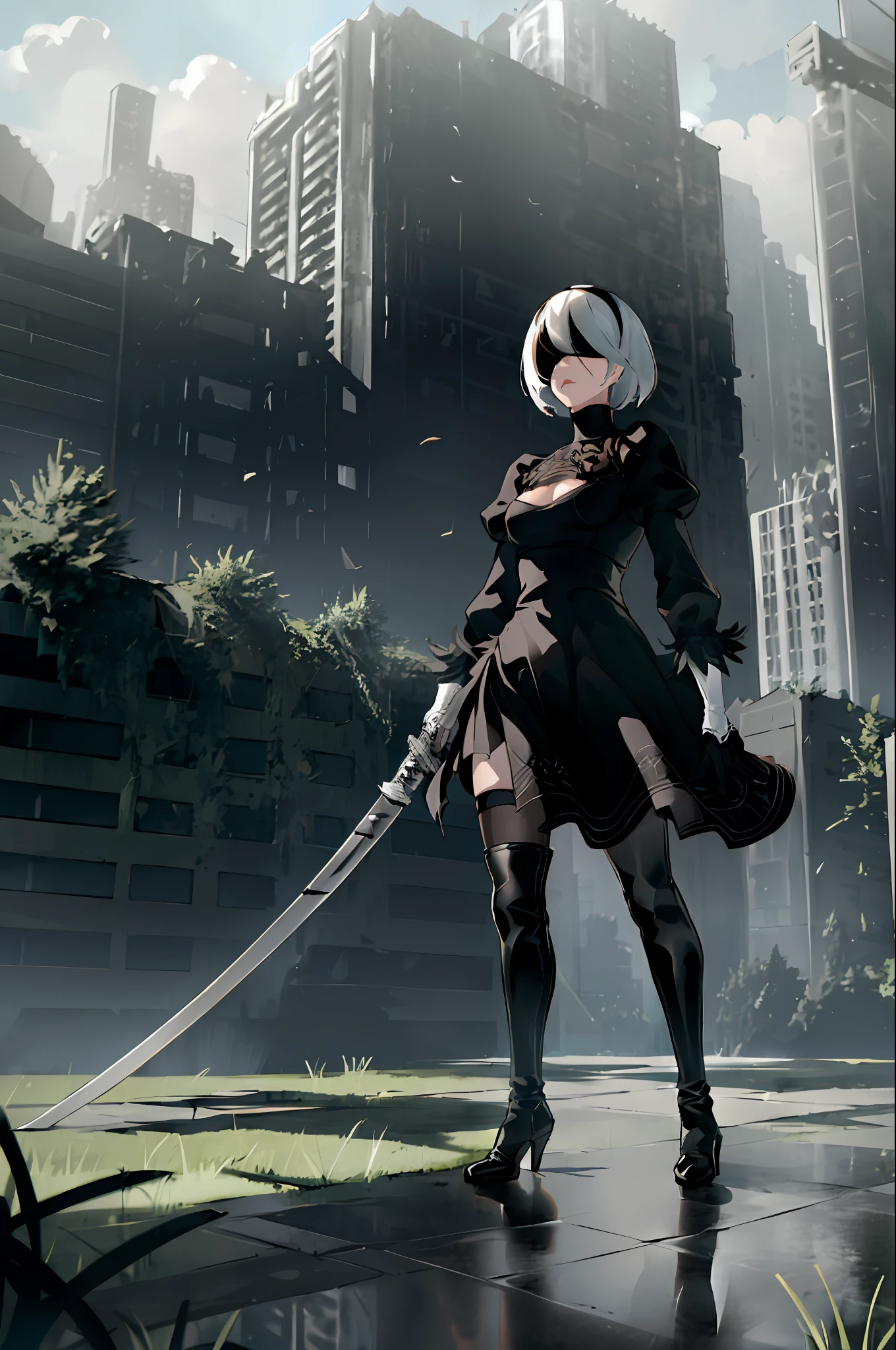 yorha no. 2 type b, 1girl, absurdres, black blindfold, black dress, black hairband, blindfold, blue sky, boots, building, city, cloud, covered eyes, debris, dress, feather-trimmed sleeves, feather trim, from below, gloves, grass, hairband, high heel boots, high heels, highres, juliet sleeves, katana, leather, leather boots, long sleeves, nier \(series\), nier automata, outdoors, overgrown, pod \(nier automata\), post-apocalypse, puddle, puffy sleeves, rubble, ruins, scenery, sky, thigh boots, thighhighs, thighhighs under boots, water