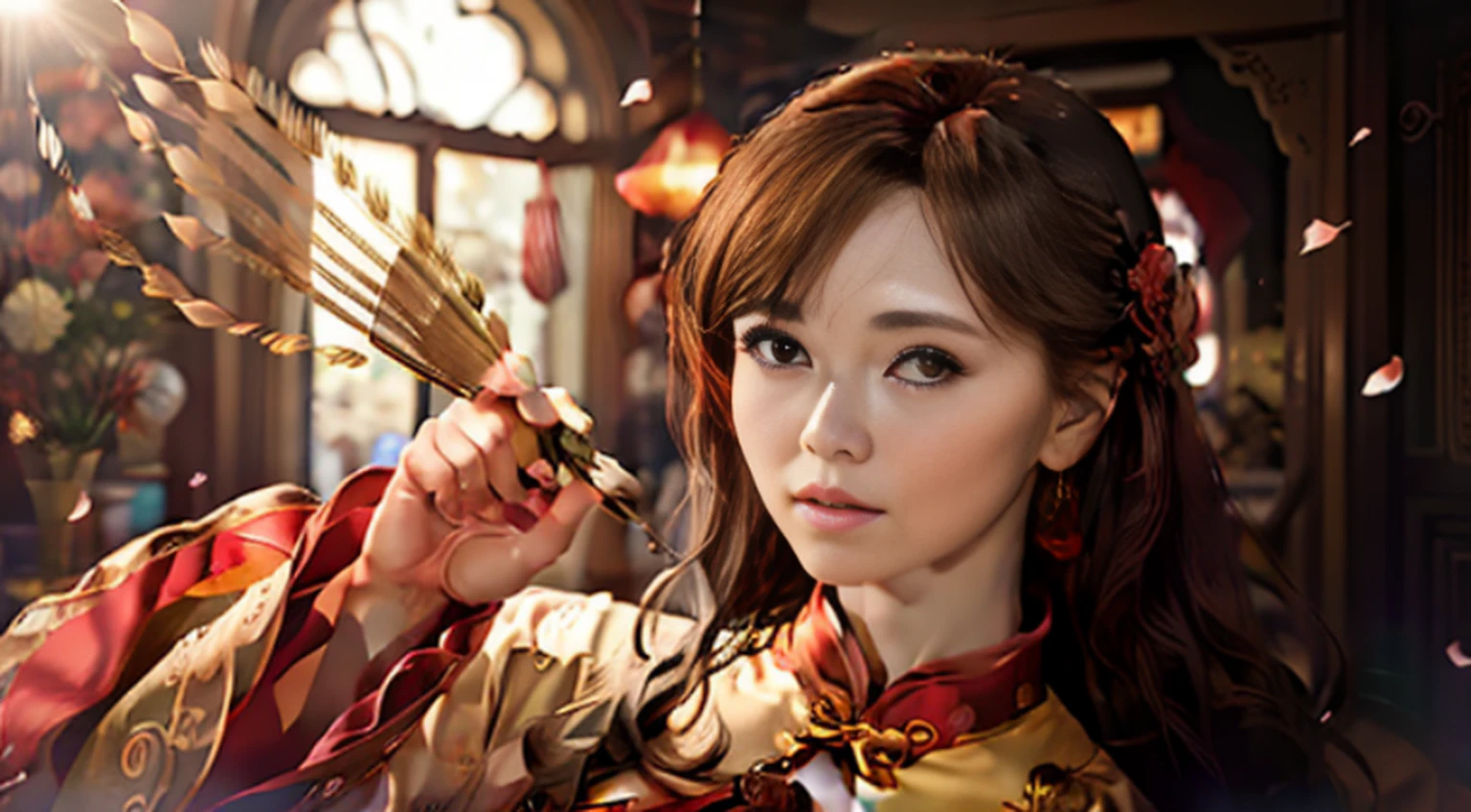 best quality, masterpiece, highres, (exquisite body: 1.5), beautiful face, (milky skin: 1.3), intricate details, high resolution, wallpaper, 1girl, solo, dress, hair ornament, ((((golden and red dress))), flowers, long hair, brown hair, closed mouth, jewelry, long sleeves, hand up, wide sleeves, big eyes, floating hair, chinese clothes, hanfu, embroidery, long skirt, natural pose,  falling petals, interior, fanning, flashlight, 16K, HDR, highres, depth field, (film grain: 1.1), boken, golden hour, (lens flare), vignette, rainbow, (color rating: 1.5)