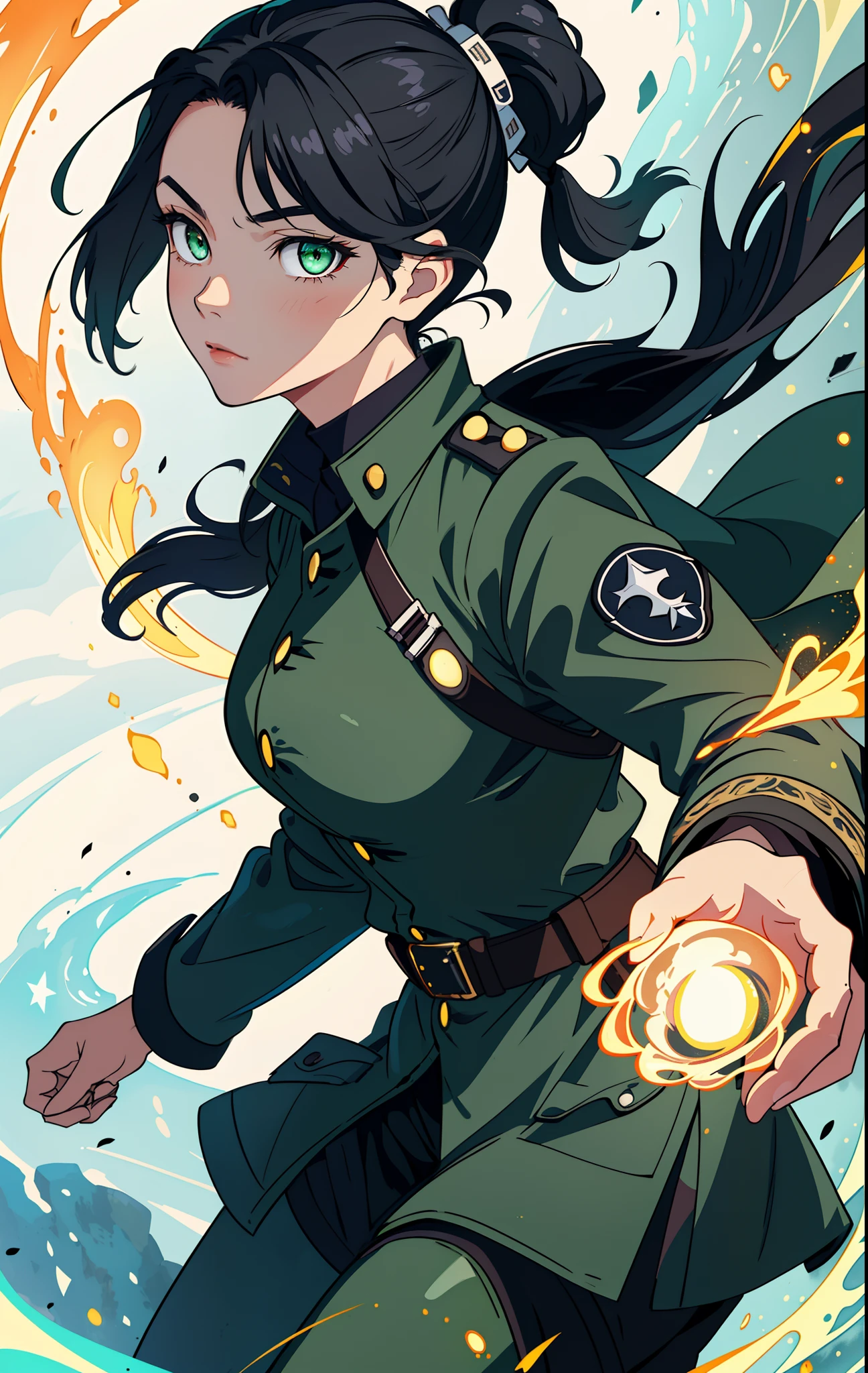 (((Best Quality)), ((Masterpiece)), (Detailed:1.4), 1women, 独奏, black hair, Green eyes, pony tail, glowing eyes, , a perfect face, Military uniform of the German Empire, Khaki raincoat, combat boots, Prehistory of the Kaiser's Empire, Morning lighting, Casting magic spells, The magic of the wind, Ethereal luminous aura,), ( military uniform), big breastes