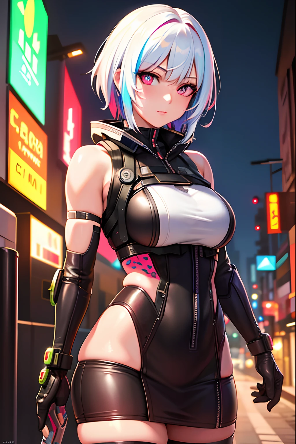 ((masterpiece)), (best quality), beautiful, extremely detailed face, perfect lighting,ultra-detailed, 8k,textured skin, beautiful detailed face, beautiful detailed eyes, ambient light, realistic shadows, beautiful detailed pupils, cute,detailed fingers,mature female,lucy \(cyberpunk\), 1girl, neon palette, science fiction, short hair, solo, close up, cyberpunk edgerunners,multicolored hair,White hair, night time , ,multicolored eyes, cyberpunk, medium breast, clothed,outdoor, cyberpunk city background,