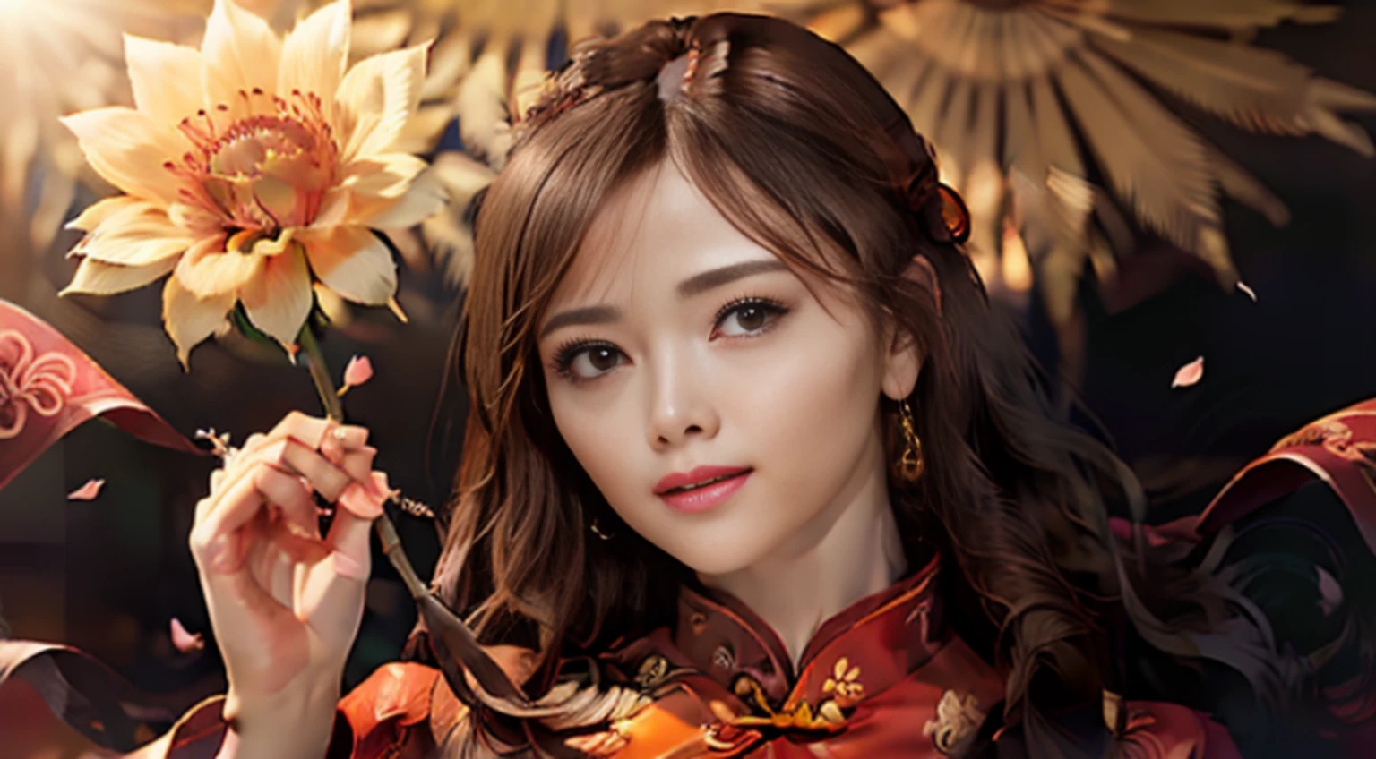 best quality, masterpiece, highres, (exquisite body: 1.5), beautiful face, (milky skin: 1.3), intricate details, high resolution, wallpaper, 1girl, solo, dress, hair ornament, ((((golden and red dress))), flowers, long hair, brown hair, closed mouth, jewelry, long sleeves, hand up, wide sleeves, big eyes, floating hair, chinese clothes, hanfu, embroidery, long skirt, natural pose,  falling petals, interior, fanning, flashlight, 16K, HDR, highres, depth field, (film grain: 1.1), boken, golden hour, (lens flare), vignette, rainbow, (color rating: 1.5)