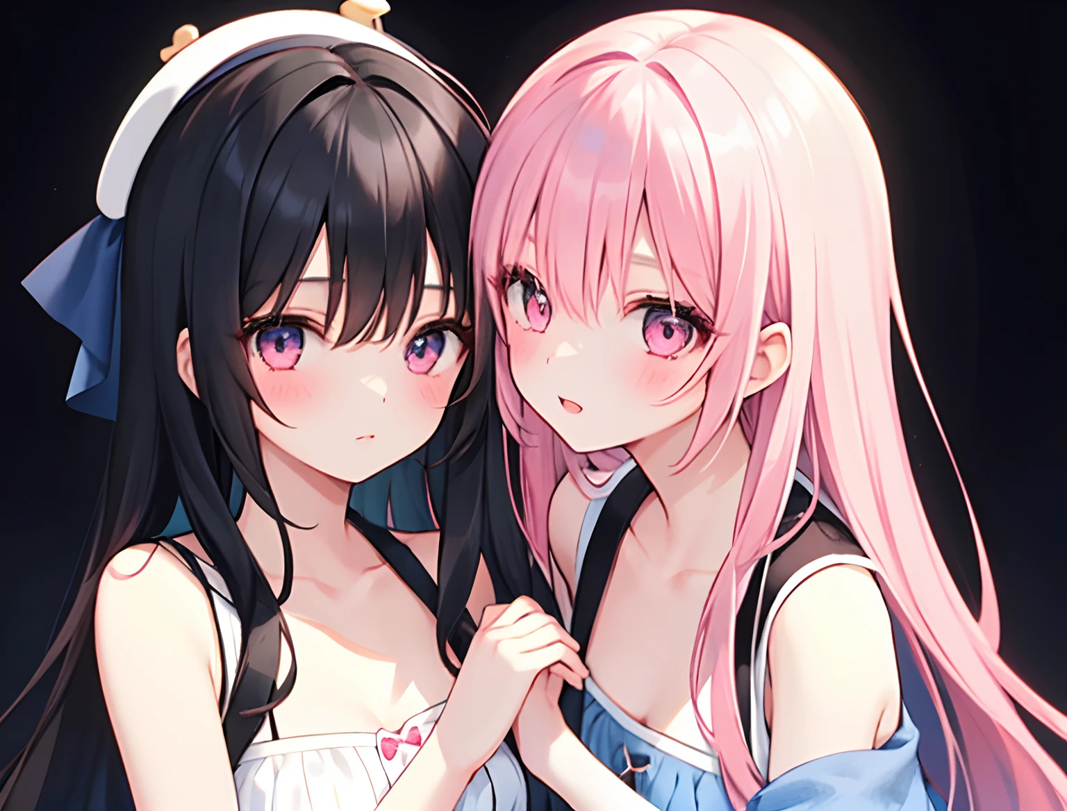 2girls,Girl1:,adolable,A pink-haired,long whitr hair,girl 2:black color hair,long whitr hair,Touch each other's chests