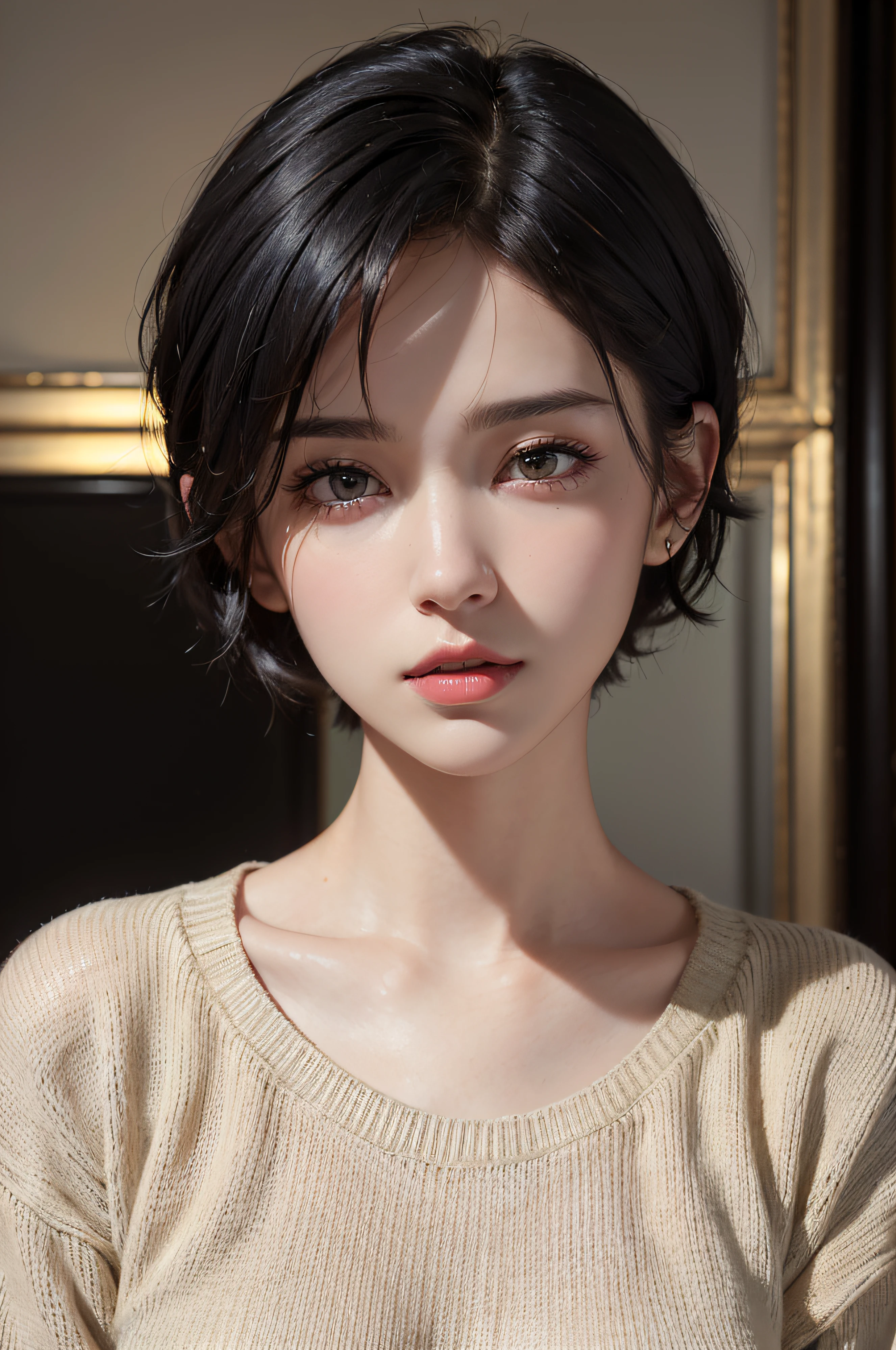 (masterpiece:1.3), (8k, photorealistic, RAW photo, best quality: 1.4), (1girl), beautiful face, (realistic face), (black hair, short hair:1.3), beautiful hairstyle, realistic eyes, beautiful detailed eyes, (realistic skin), beautiful skin, (sweater), absurdres, attractive, ultra high res, ultra realistic, highly detailed, golden ratio