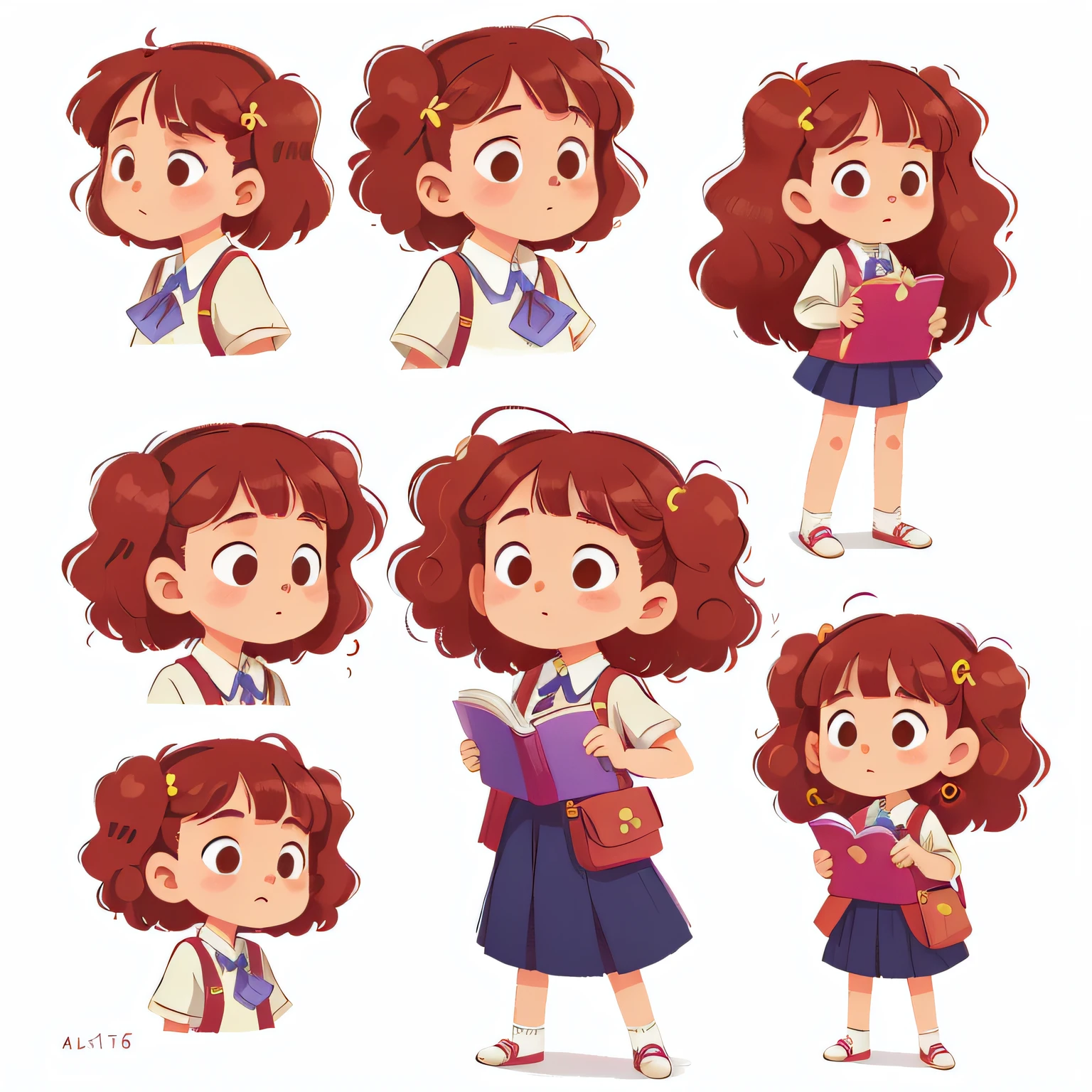 masterpiece, best quality,
A girl with curly hair,
with school uniform, detailed character sheet, multiply poses and expessions, isolated on white background, character design, hyper detailed, fine details, reference sheet, in the style of childreb boorecter, charecter sheet, white background, children book character
