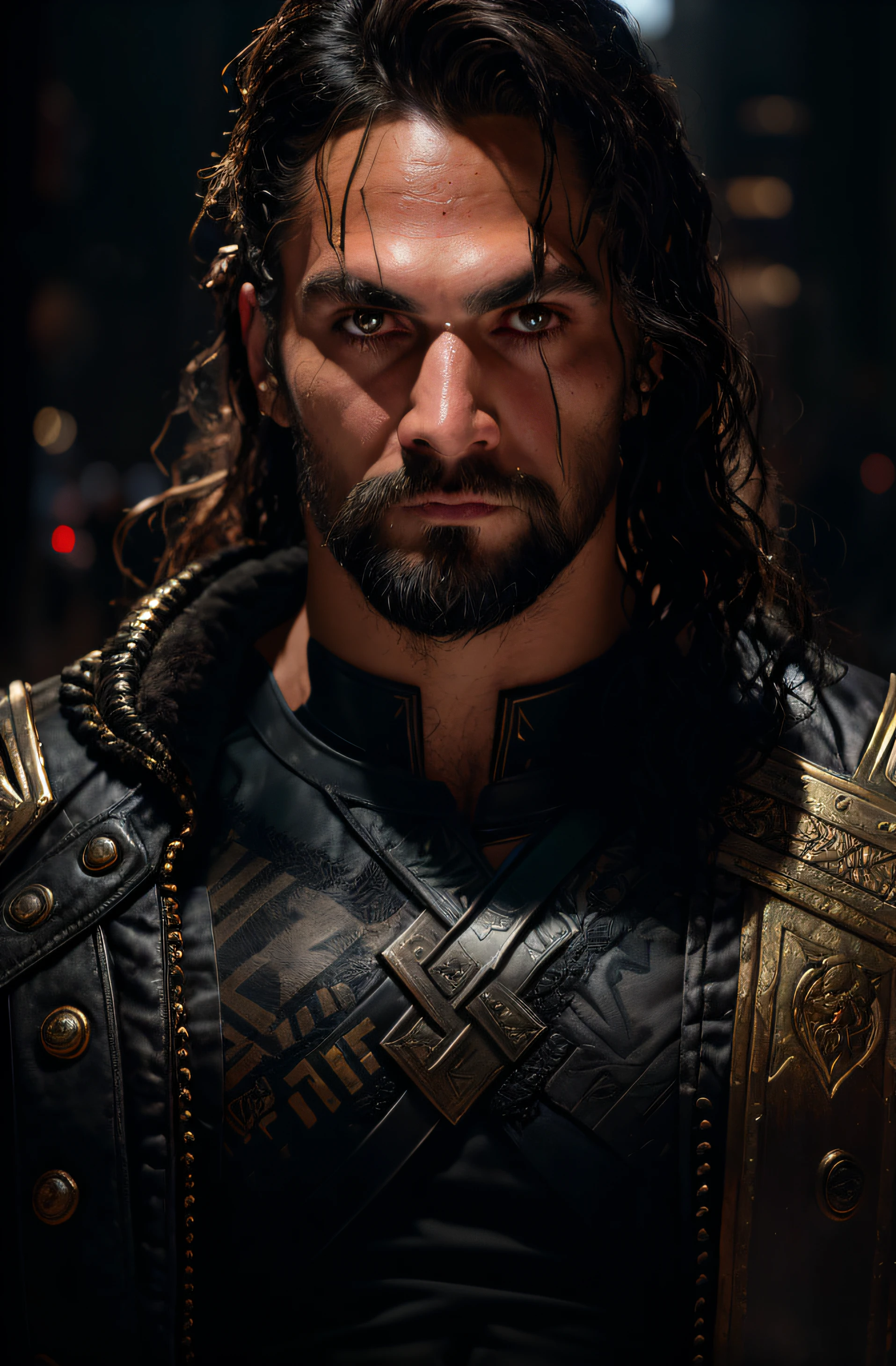 Homem com cabelos longos e barba usando uma jaqueta de couro, macho atraente com armadura, imagem de um guerreiro masculino adulto, Retrato de Zeus acidentado, jason momoa as assyrian, retrato masculino da fantasia, atraente macho de carne com armadura, handsome prince of persia, 8k portrait render, estilo fantasia 8 k octane render, Directed by: Roman Bezpalkiv