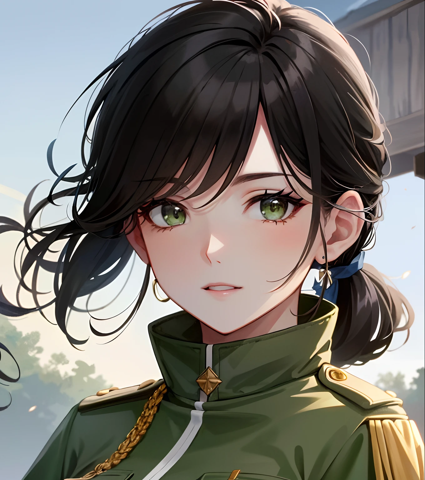 (((Best Quality)), ((Masterpiece)), (Detailed:1.4), 1women, 独奏, black hair, Green eyes, pony tail, glowing eyes, , a perfect face, Military uniform of the German Empire, Khaki raincoat, combat boots, Prehistory of the Kaiser's Empire, Morning lighting, Casting magic spells, The magic of the wind, Ethereal luminous aura, (Military pants), ( military uniform), big breastes