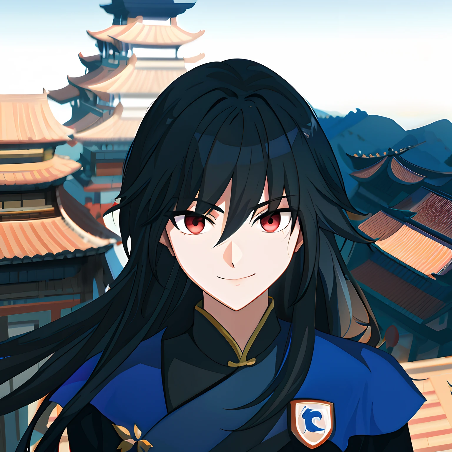 Anime boy with long black hair and red eyes standing in ancient building, Brunette assassin, Portrait of a male anime hero, anime portrait of shiina ringo, Ancient Knights, anime moe art style, offcial art, anime style like fate/stay night, Inspired by anime, From the assassin Wu Liuqi