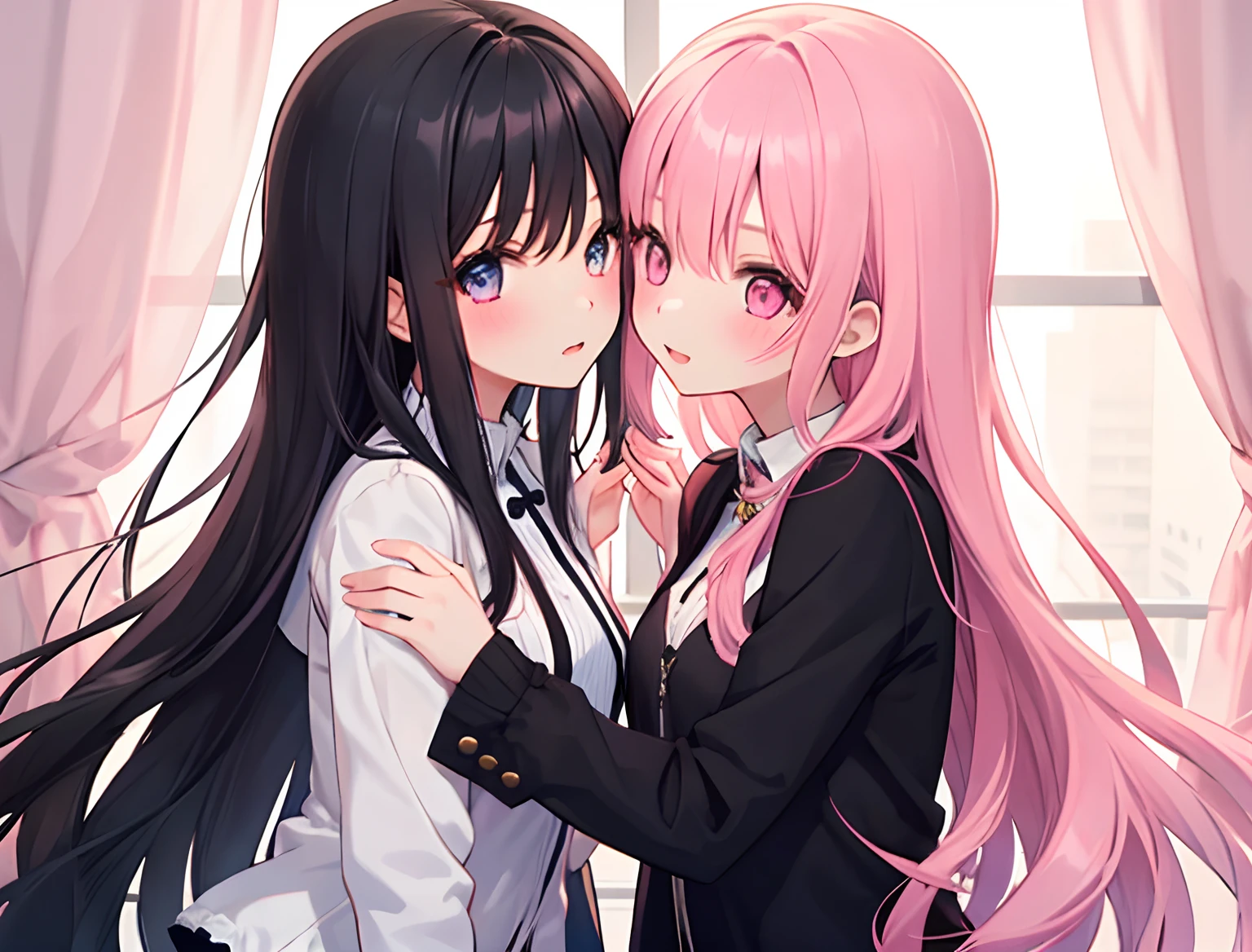 2girls，Girl1：，adolable，A pink-haired，long whitr hair，girl 2：Black color hair，long whitr hair，Touch each other's chests