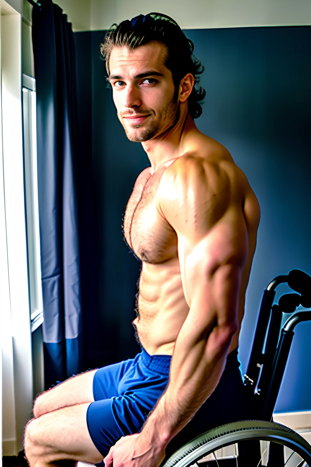 Homem cadeirante, wheelchair user, paraplegic, cadeira de rodas realista, cadeira de rodas detalhado, Real wheelchair athletic body, detailed muscles, corpo peludo, Cabelo, cabelo blondie, rosto sorridente, olhos azuis, Saqueira, fotografia, Ultra realista, Uplighting, alta qualidade, menos contraste, ambiente de quarto