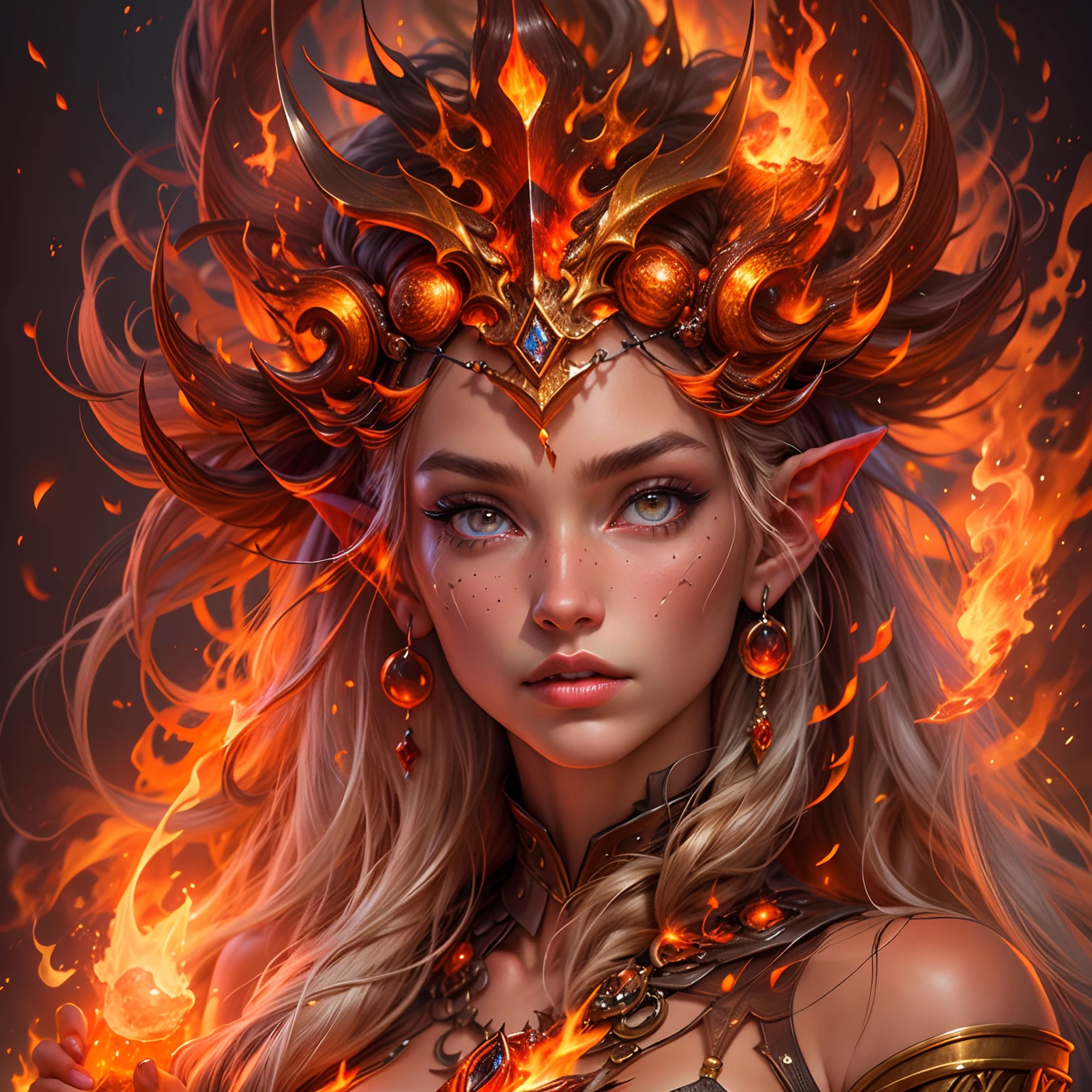 Generate a masterpiece artwork of a ite female fire druid. This (realistic fantasy) art contains embers, real flames, real heat, and realistic fire. The fire druid is awe-inspiring with beautiful realistic fiery eyes alight with confidence and power. Her features are elegant and well defined, with puffy and kissable lips, elven-like bone structure, and realistic shading. Her eyes are important and should be the focal point of this artwork, with extremely realistic details, macro details, and shimmer. She is wearing a billowing and glittering dress made of realistic flames and jewels that glimmer in the fire light. Include bumps, stones, fiery iridescence, glowing embers, silk and satin and leather, an interesting background, and heavy fantasy elements.