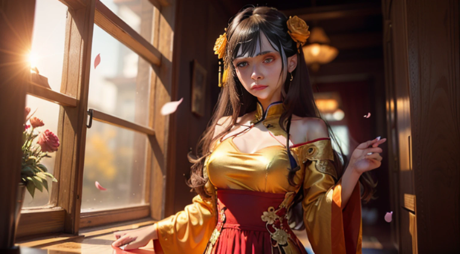 best quality, masterpiece, highres, (exquisite body: 1.5), beautiful face, (milky skin: 1.3), intricate details, high resolution, wallpaper, 1girl, solo, dress, hair ornament, ((((golden and red dress))), flowers, long hair, brown hair, closed mouth, jewelry, long sleeves, hand up, wide sleeves, big eyes, floating hair, chinese clothes, hanfu, embroidery, long skirt, natural pose,  falling petals, interior, fanning, flashlight, 16K, HDR, highres, depth field, (film grain: 1.1), boken, golden hour, (lens flare), vignette, rainbow, (color rating: 1.5)