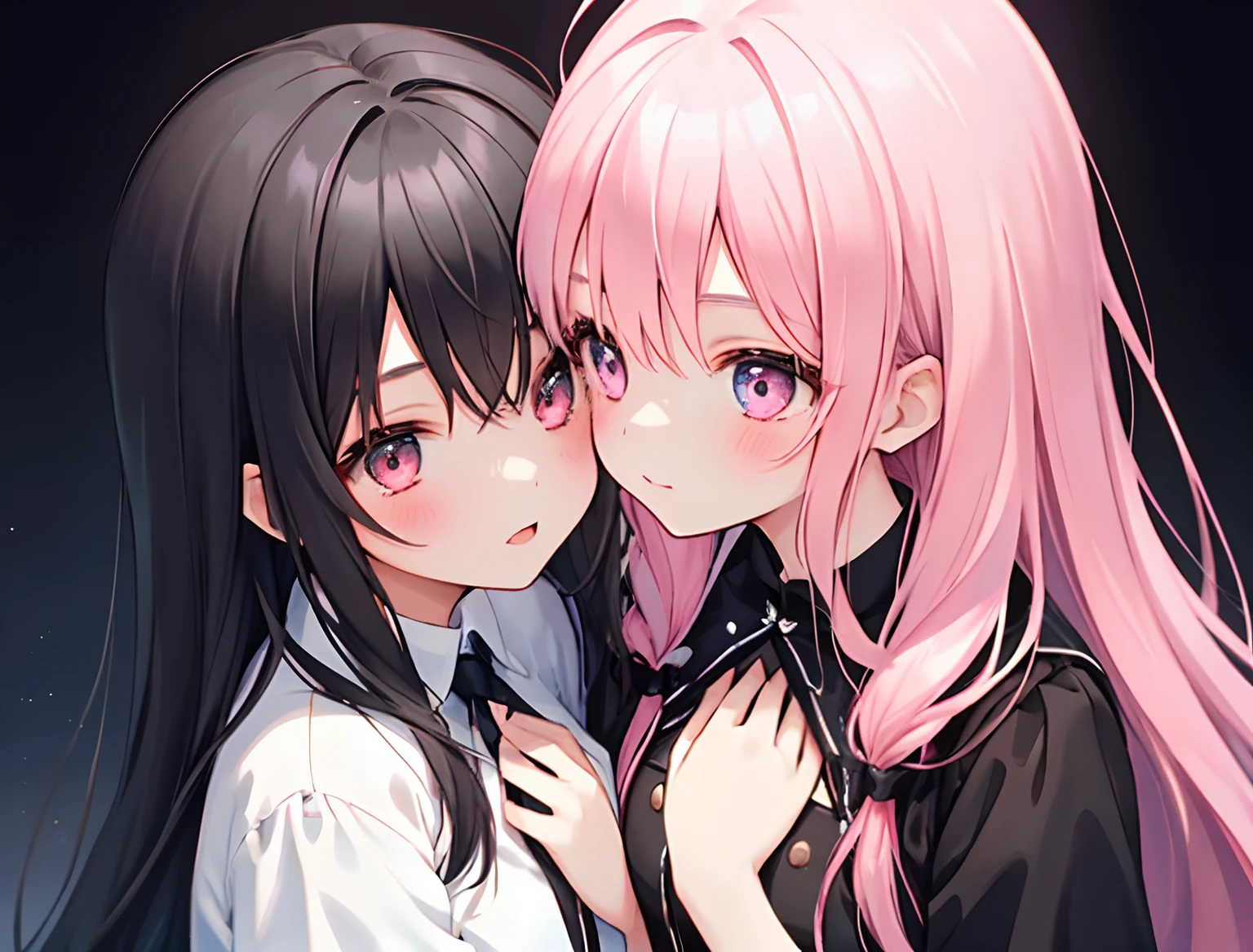 2girls,Girl1:,adolable,A pink-haired,long whitr hair,girl 2:Black color hair,long whitr hair,Touch each other's chests