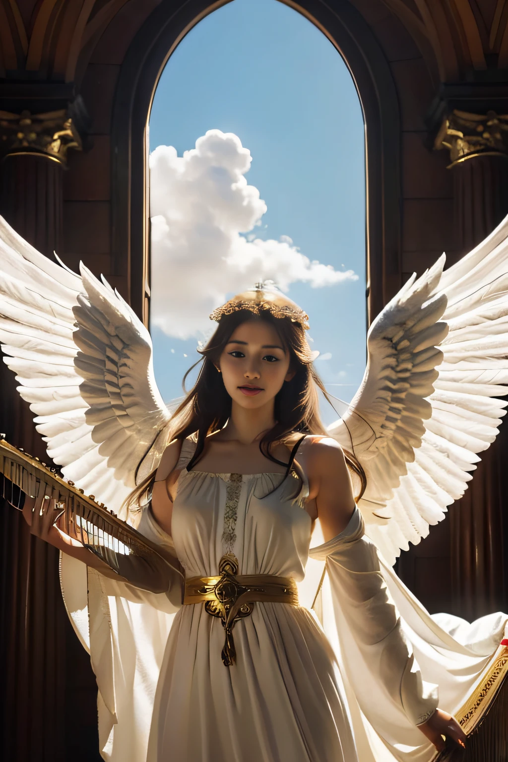 Create an artistic representation of the heavenly angel Seraphina, dressed in a radiant tunic and carrying imposing wings. She's expertly playing a harp, while his presence emanates tranquility and grace. Her image inspires a sense of divine serenity and feminine beauty