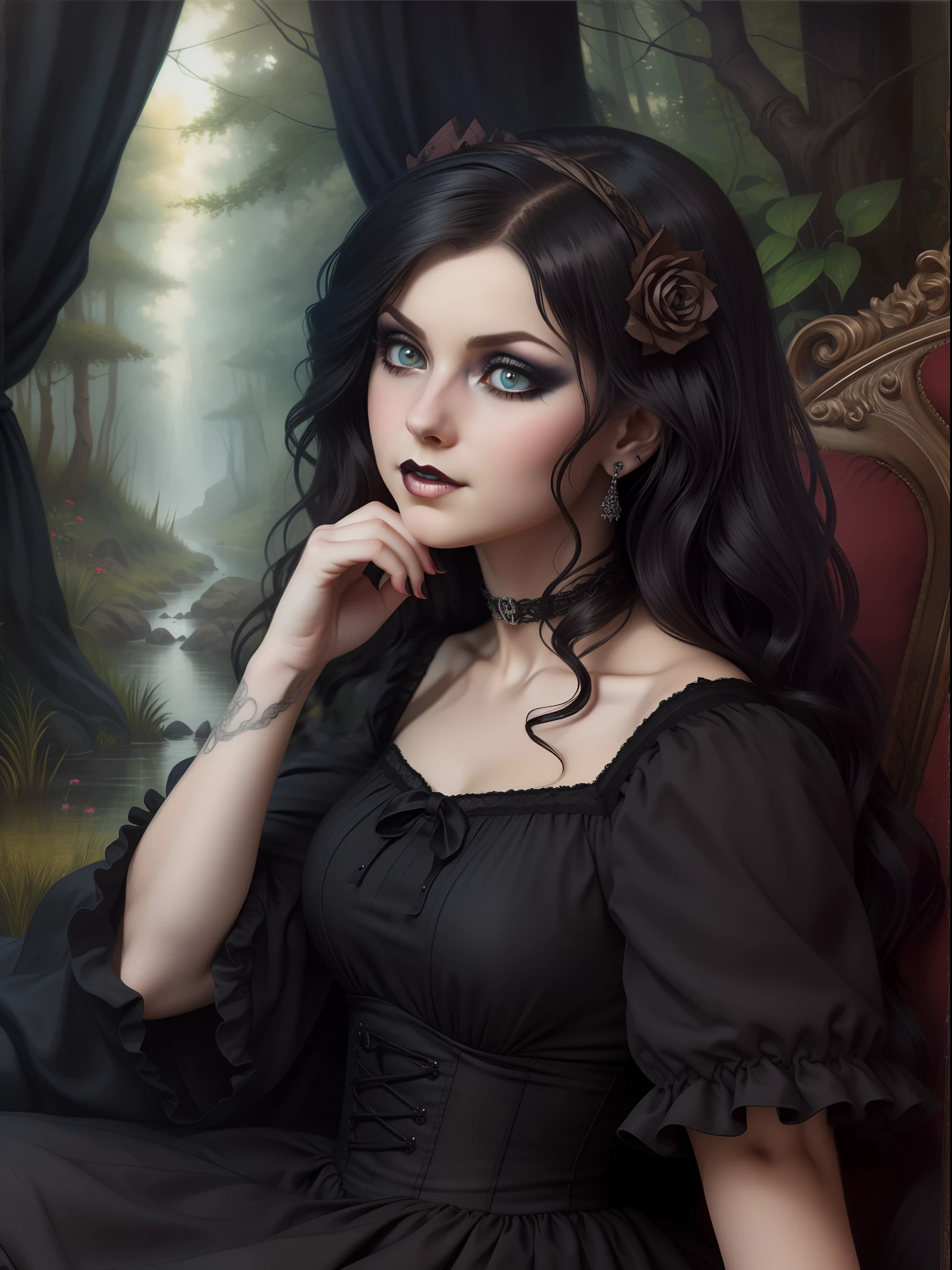Cute little (treacherous Abigail, Strong Gothic Makeup) with black hair in a checkered torn dress, Mysticism, Hyper-realistic, insanely detailed, Semolina Grimley Style, Gaston Bussière, --AR 3:4 --s 750
