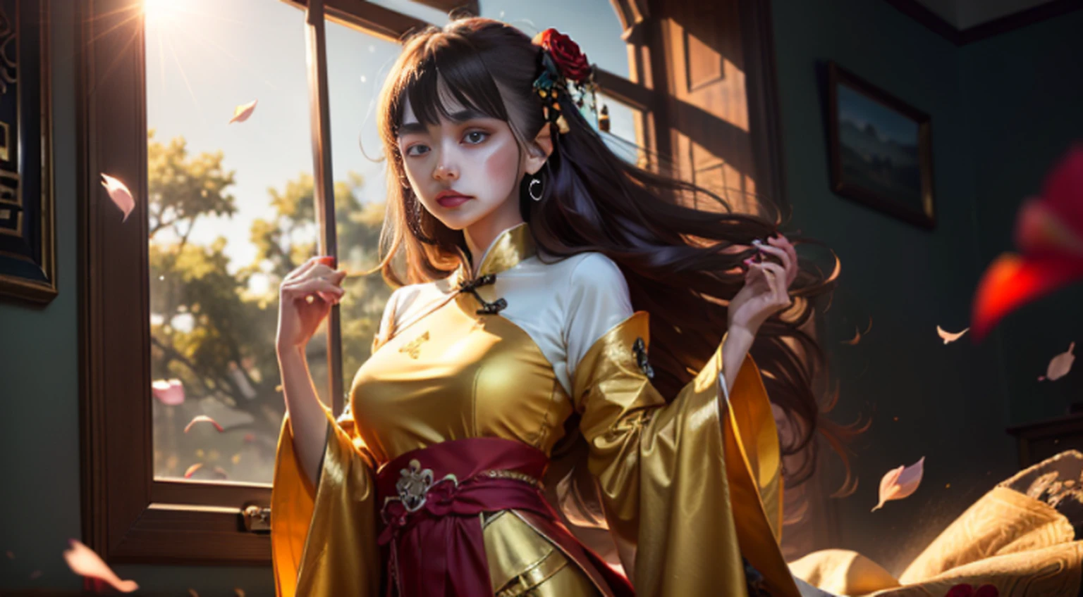 best quality, masterpiece, highres, (exquisite body: 1.5), beautiful face, (milky skin: 1.3), intricate details, high resolution, wallpaper, 1girl, solo, dress, hair ornament, ((((golden and red dress))), flowers, long hair, brown hair, closed mouth, jewelry, long sleeves, hand up, wide sleeves, big eyes, floating hair, chinese clothes, hanfu, embroidery, long skirt, natural pose,  falling petals, interior, fanning, flashlight, 16K, HDR, highres, depth field, (film grain: 1.1), boken, golden hour, (lens flare), vignette, rainbow, (color rating: 1.5)