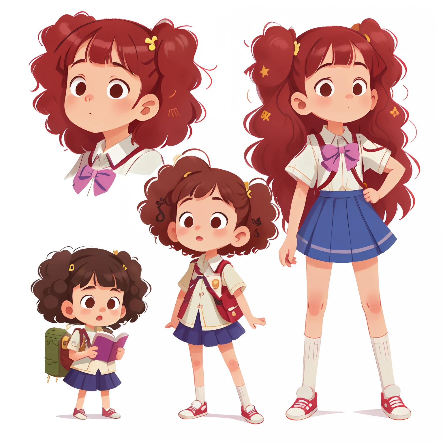 masterpiece, best quality,
A girl 16 years old with curly hair,
with school uniform, detailed character sheet, multiply poses and expessions, isolated on white background, character design, hyper detailed, fine details, reference sheet, in the style of childreb book charecter, charecter sheet, white background, children book character
