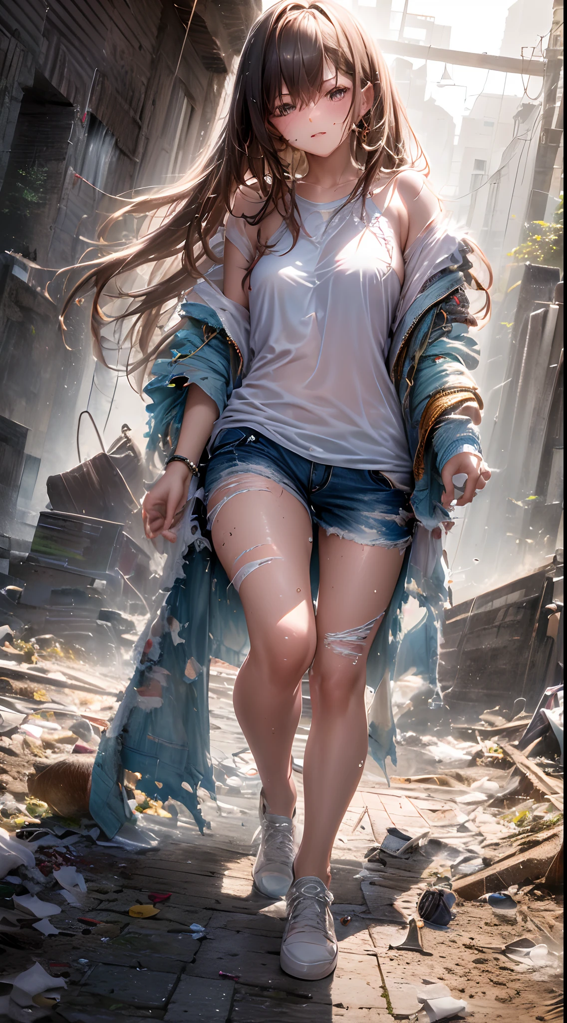 best image quality, masterpiece, super high resolution, (fidelity:1.4), photo, 1 girl, white shirt, torn jeans, white sneakers, dim, darkness, despair, pity, poor, movie, tears, teardrops, (torn clothes:1.5), (wet clothes:1.4), bare shoulders, real rain, wet hair,..