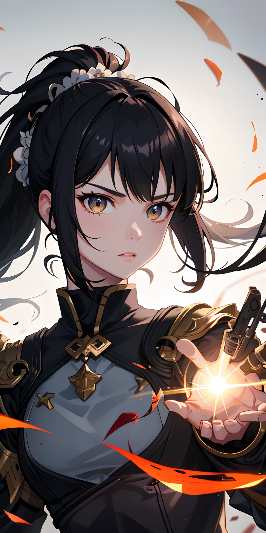 (masterpiece), warrior, badass , blood , bombs, crashed city , fire , gun ,(best quality), (ultra detailed),(disheveled hair),(illustration), (1girl), (Fashionable clothing), standing, Fashion model, looking at viewer, (interview), (war background),beautiful detailed eyes, delicate beautiful face, Floating,(high saturation),(colorful splashes),colorful bubble,(shining), focus on face, ponytail, kamisato ayaka, light black hair, bangs, hair ring, floating flowers, floating hairs, (shining), best lighting, best shadow,