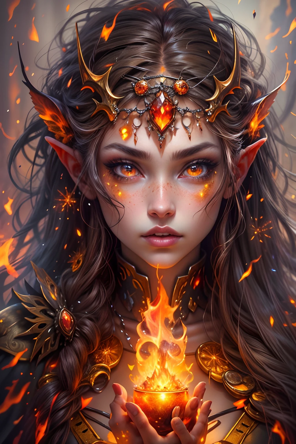 Generate a masterpiece artwork of a petite female fire druid with orange and gold large eyes. This (realistic fantasy) art contains embers, real flames, real heat, and realistic fire. The fire druid is awe-inspiring with beautiful ((realistic fiery eyes)) alight with confidence and power. Her features are elegant and well defined, with puffy and kissable lips, elven-like bone structure, and realistic shading. Her eyes are important and should be the focal point of this artwork, with ((extremely realistic details, macro details, and shimmer.)) She is wearing a billowing and glittering dress made of realistic flames and jewels that glimmer in the fire light. Include bumps, stones, fiery iridescence, glowing embers, silk and satin and leather, an interesting background, and heavy fantasy elements.