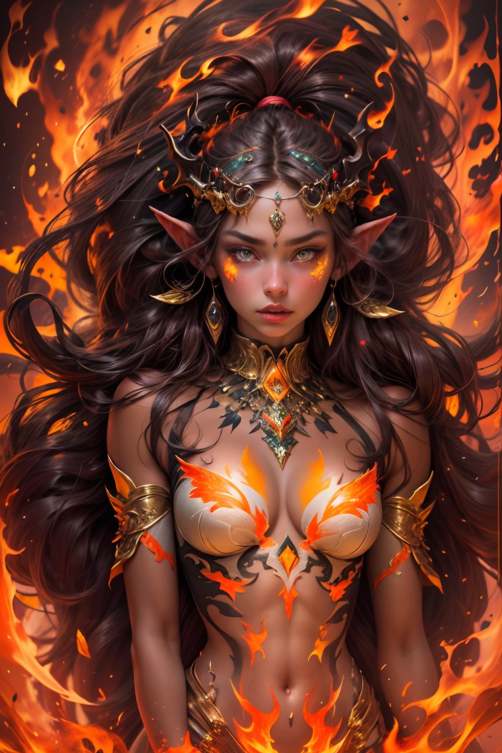 Generate a masterpiece artwork of a ite female fire druid with orange and gold large eyes. This (realistic fantasy) art contains embers, real flames, real heat, and realistic fire. The fire druid is awe-inspiring with beautiful ((realistic fiery eyes)) alight with confidence and power. Her features are elegant and well defined, with puffy and kissable lips, elven-like bone structure, and realistic shading. Her eyes are important and should be the focal point of this artwork, with ((extremely realistic details, macro details, and shimmer.)) She is wearing a billowing and glittering dress made of realistic flames and jewels that glimmer in the fire light. Include bumps, stones, fiery iridescence, glowing embers, silk and satin and leather, an interesting background, and heavy fantasy elements.