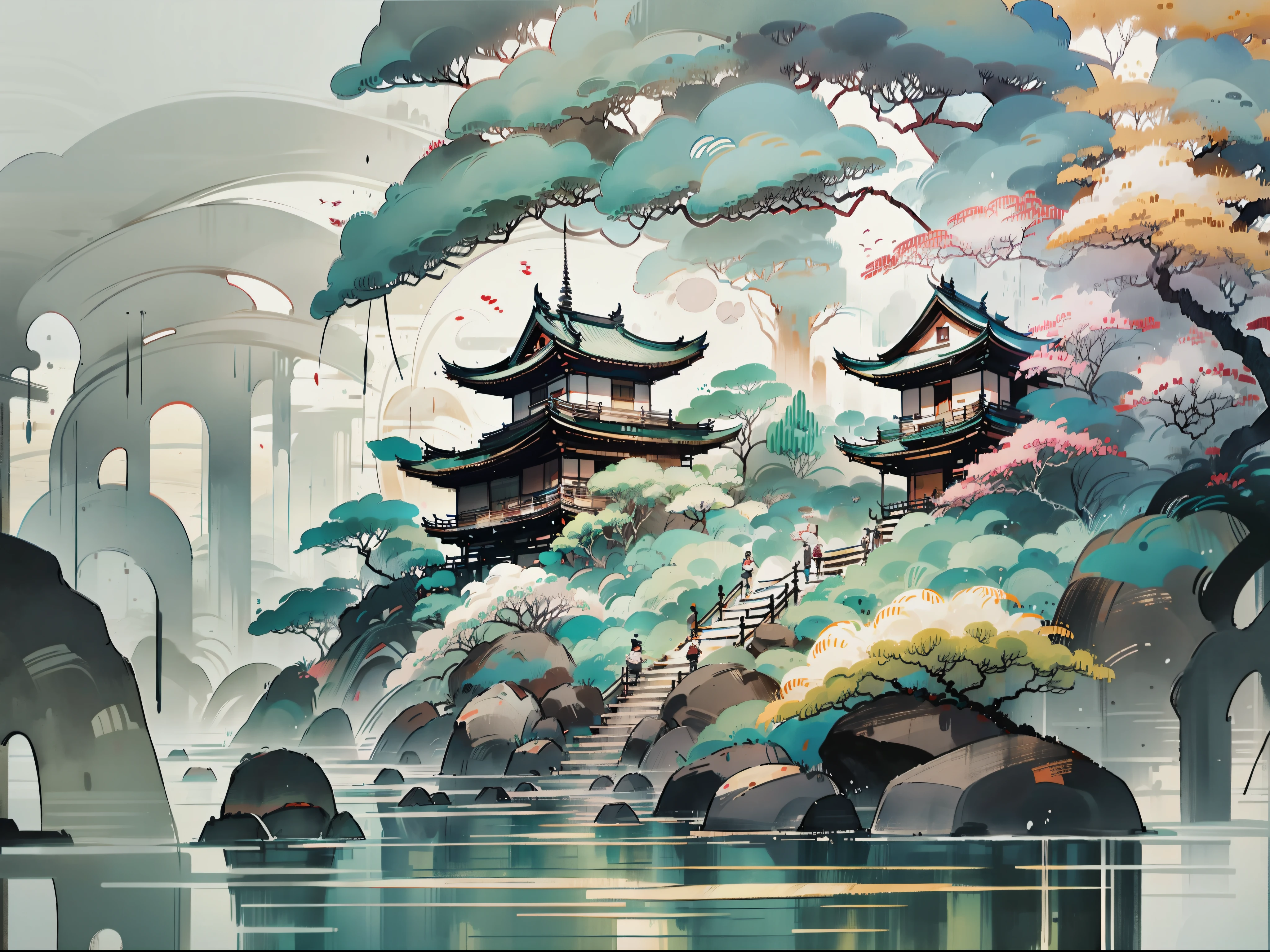 An oriental landscape painting, ancient China, extremely pure white background, dreamy, romantic, old-fashioned, 3D, 8K, spotlight, extremely fine details, wabi-sabi style,