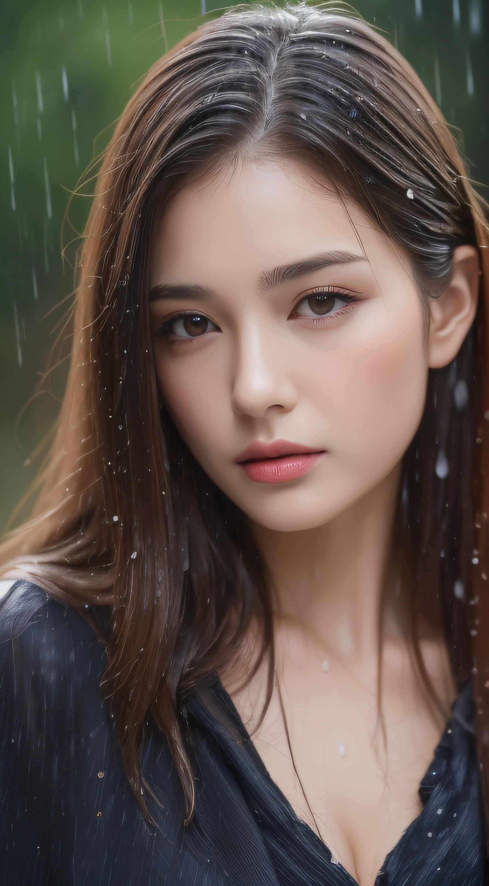 (Best quality, 4k, Masterpiece :1.3), pretty woman, 1girl, (breasts, attractive body :1.2), abs :1.1, dark brown hair: 1.1, (rainy wet, wet from rain, wet body :1.2), ultra-detailed face, detailed lips, detailed eyes, double eyelid