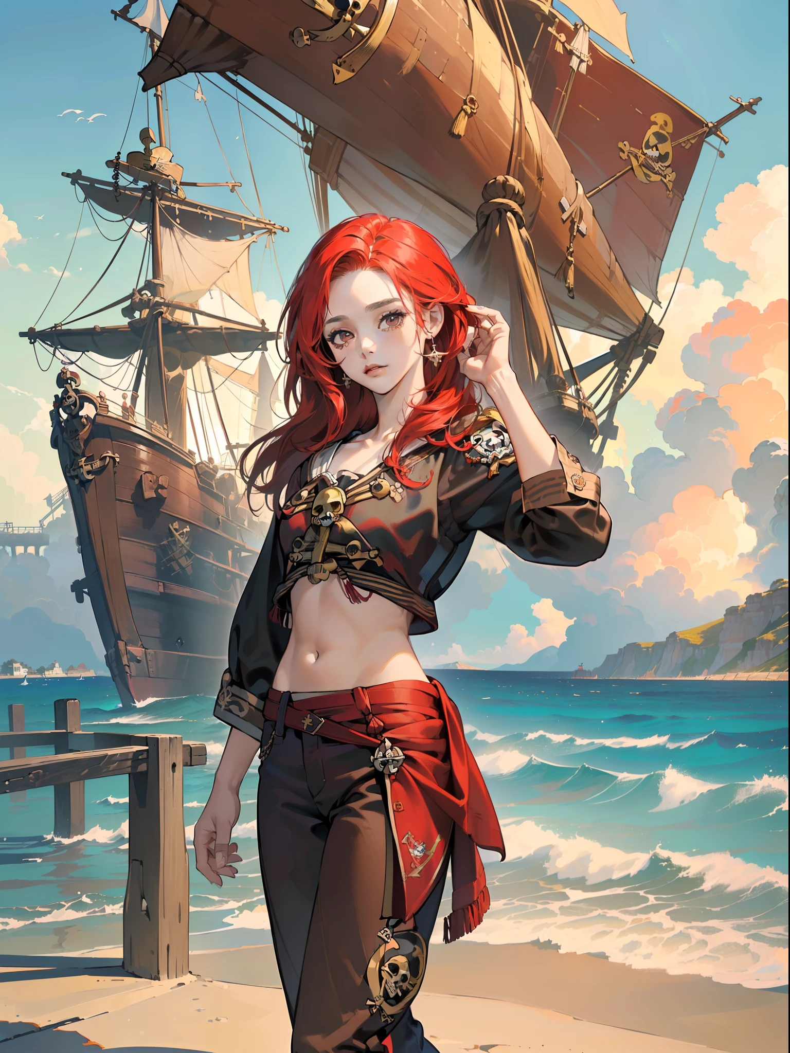 ((obra maestra)),(((mejor calidad))),, illustration, 1 chica, (((color de cabello ROJO))) (((CABELLO LARGO))), (((cabello ondulado))), (((ojos dorados))), (((ROPA PIRATA O DE COMERCIANTE RARO))) (((pantalones))) (((BLUSA DE POETA))) (((PIRATE SHIP BACKGROUND ON A BEAUTIFUL SEA COAST))) (((ambiente antiguo))) (((RETRATO)))