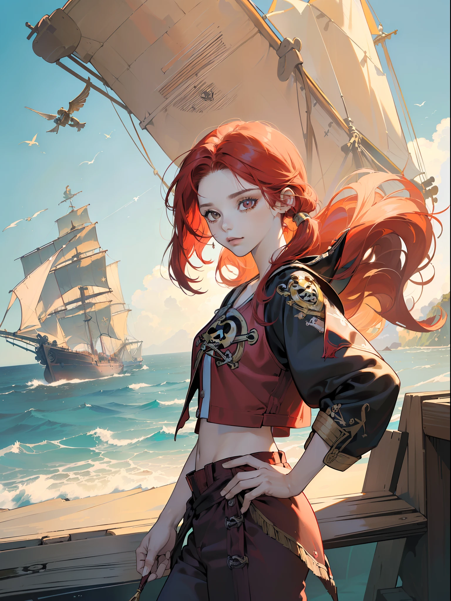 ((obra maestra)),(((mejor calidad))),, illustration, 1 chica, (((color de cabello ROJO))) (((CABELLO LARGO))), (((cabello ondulado))), (((ojos dorados))), (((ROPA PIRATA O DE COMERCIANTE RARO))) (((pantalones))) (((BLUSA DE POETA))) (((PIRATE SHIP BACKGROUND ON A BEAUTIFUL SEA COAST))) (((ambiente antiguo))) (((RETRATO)))